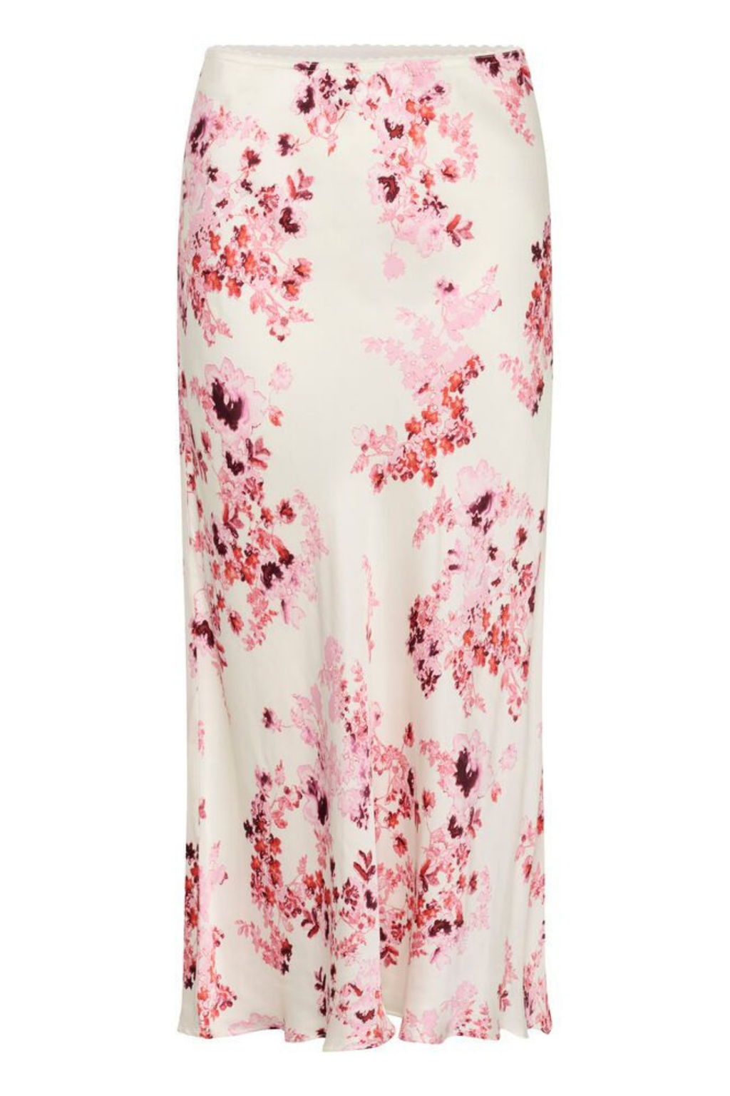 Elegant floral midi skirt by Part Two in pink shadow print. Soft, floaty and easy to style for everyday or occasion wear. 
