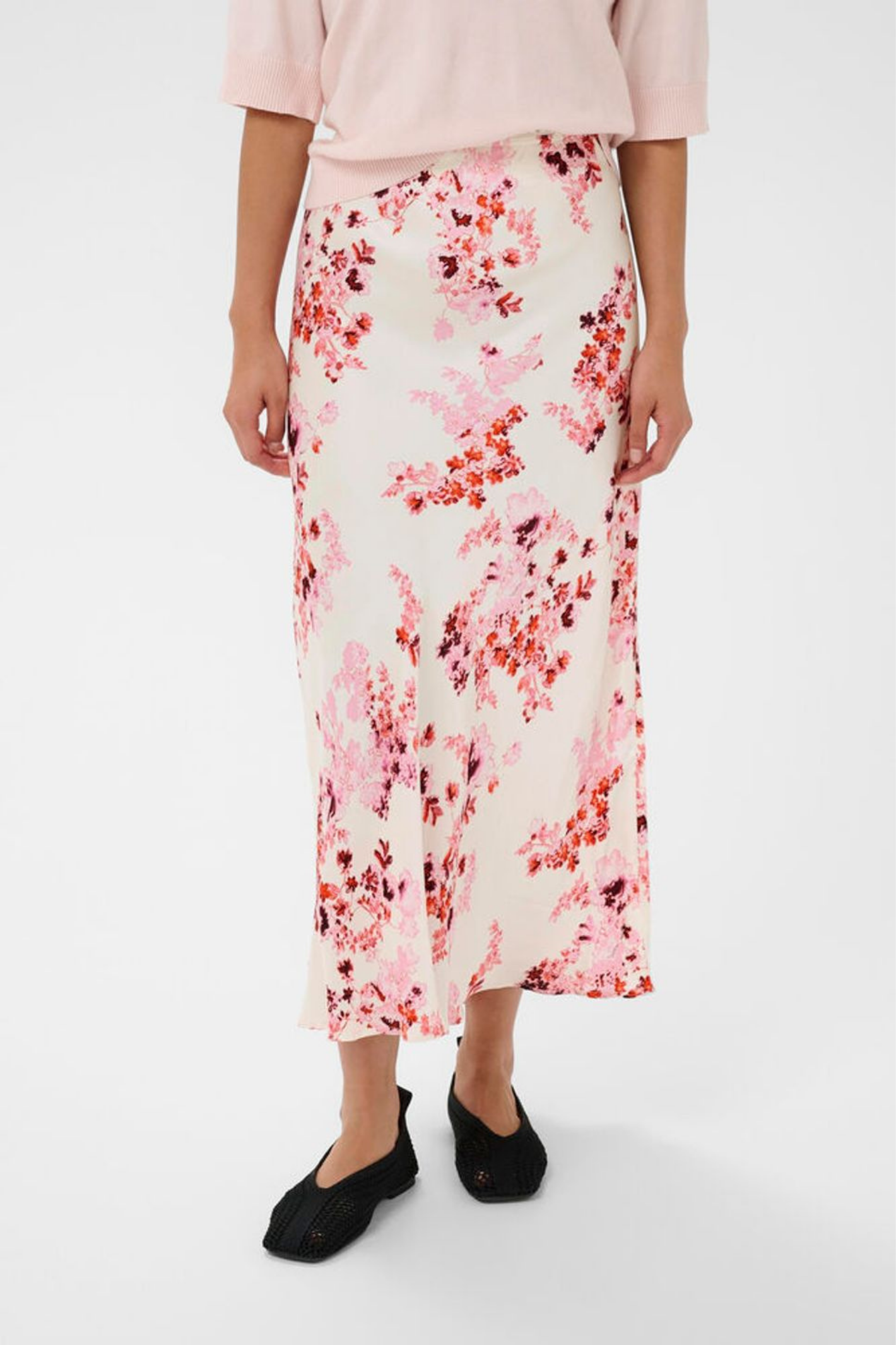 Elegant floral midi skirt by Part Two in pink shadow print. Soft, floaty and easy to style for everyday or occasion wear.