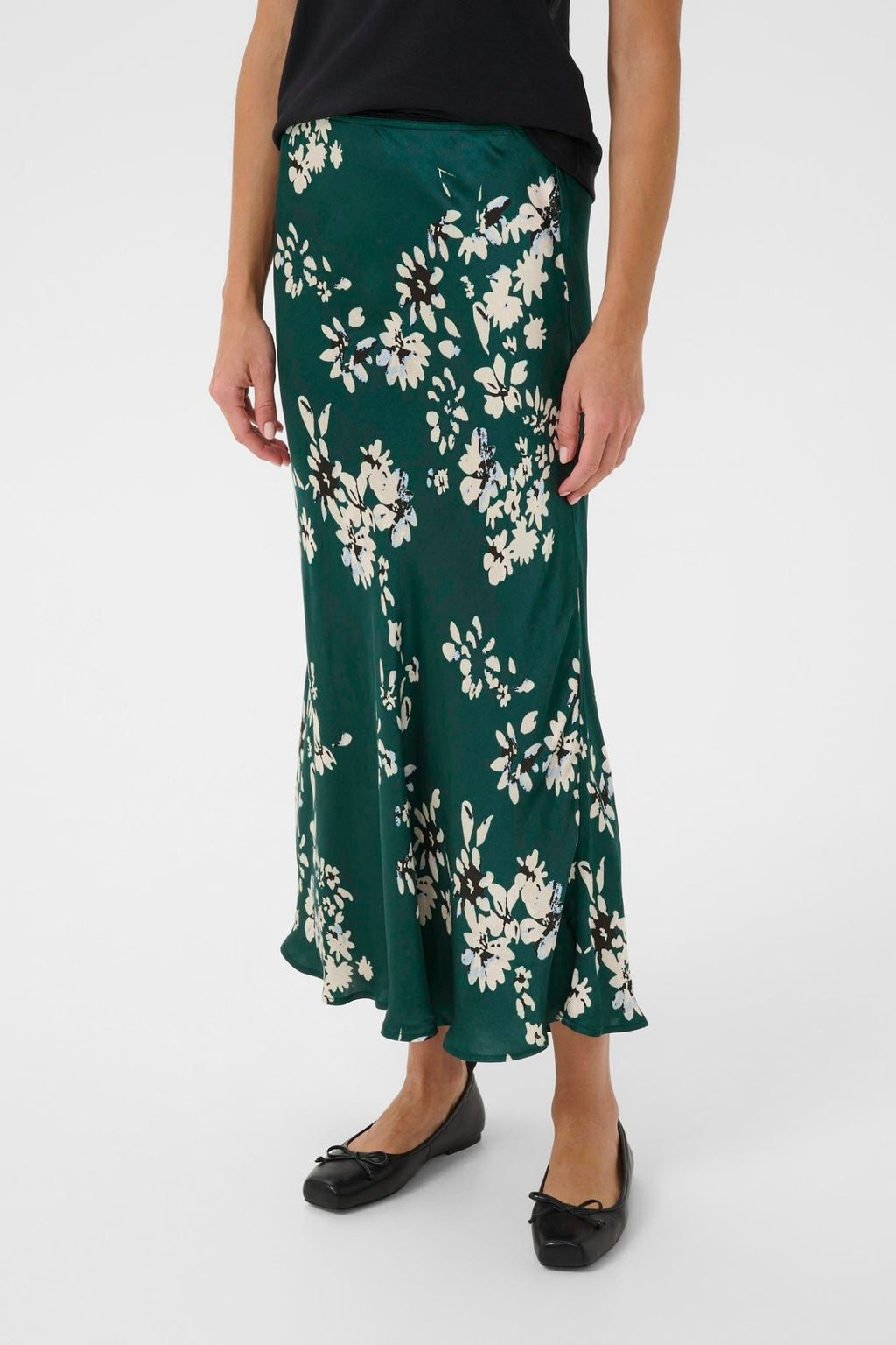 Part Two LaurinaPW green floral midi skirt with faded white flower print, available at Dotique