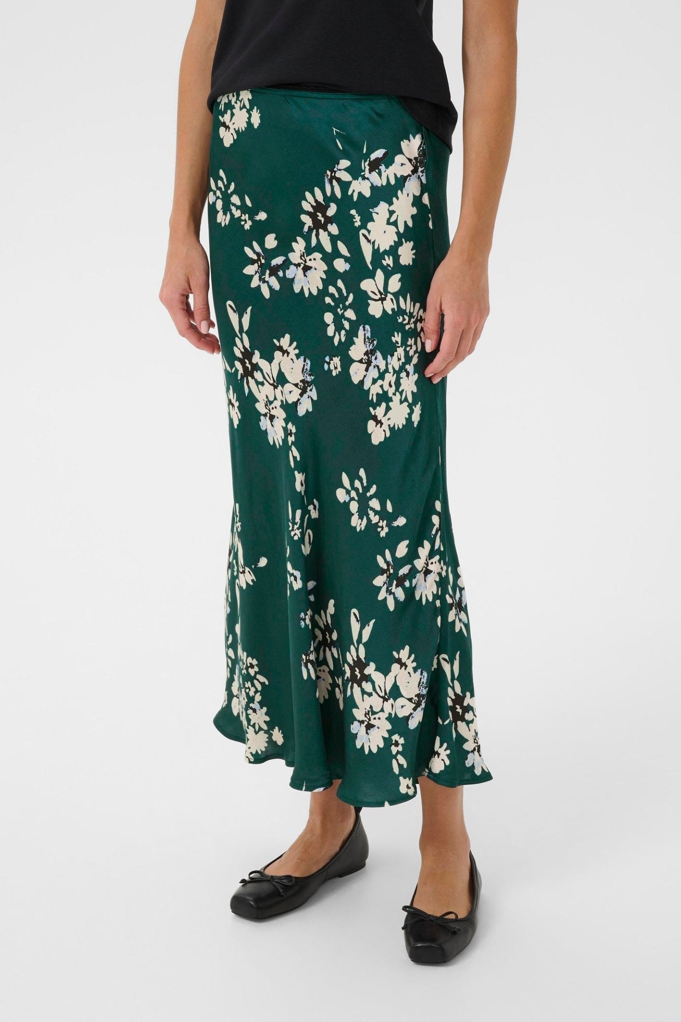 Part Two LaurinaPW green floral midi skirt with faded white flower print, available at Dotique