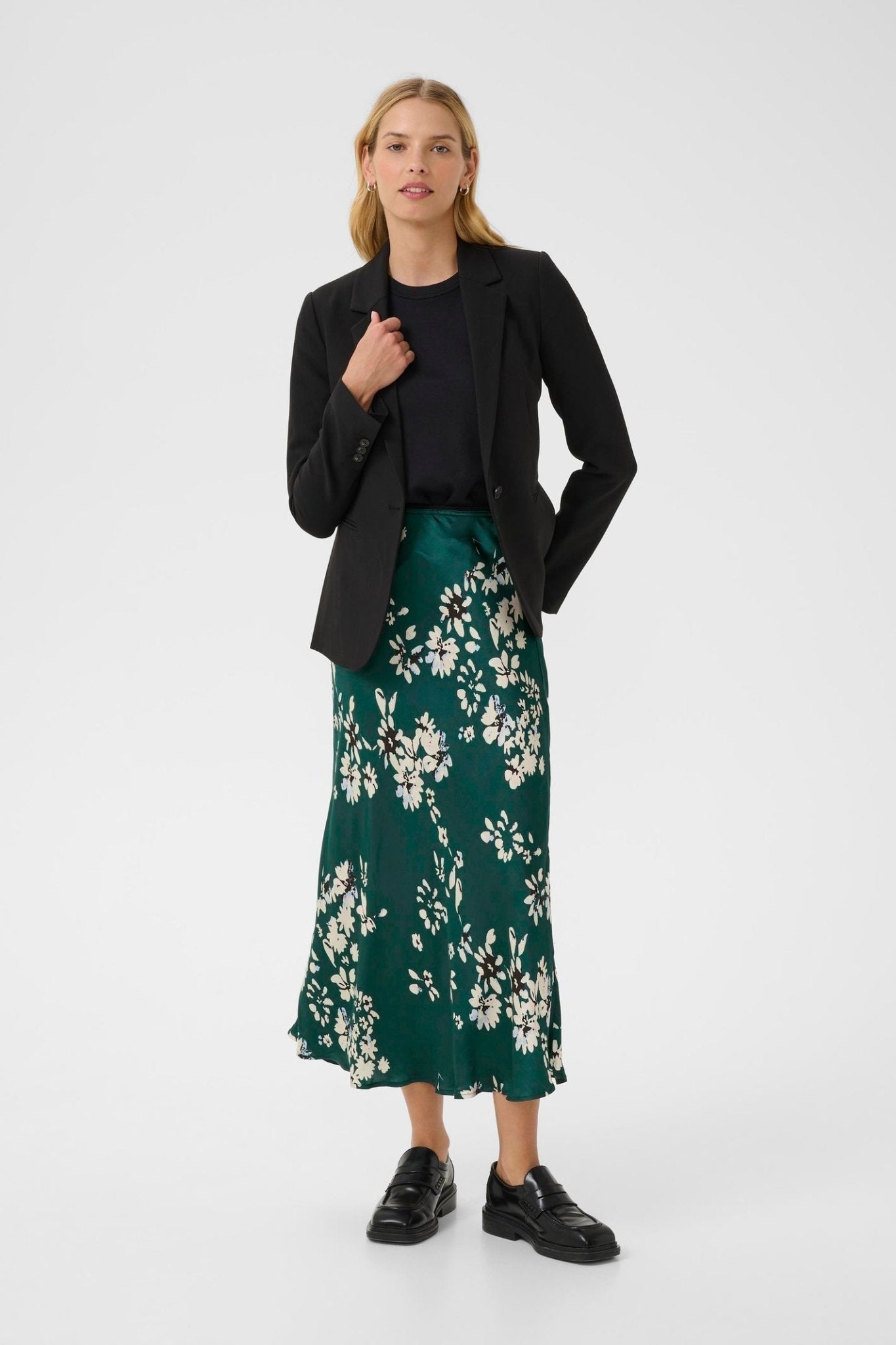 Part Two LaurinaPW green floral midi skirt with faded white flower print, available at Dotique