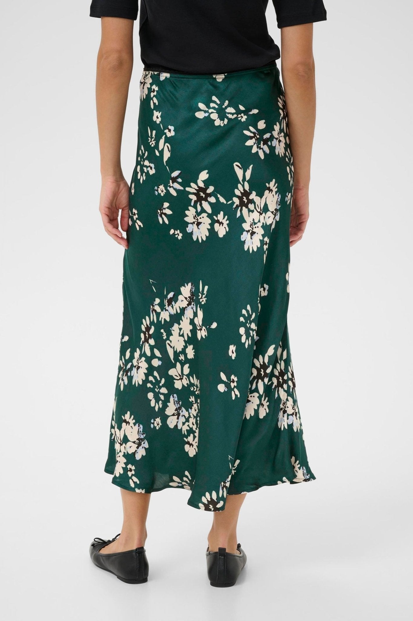 Part Two LaurinaPW green floral midi skirt with faded white flower print, available at Dotique