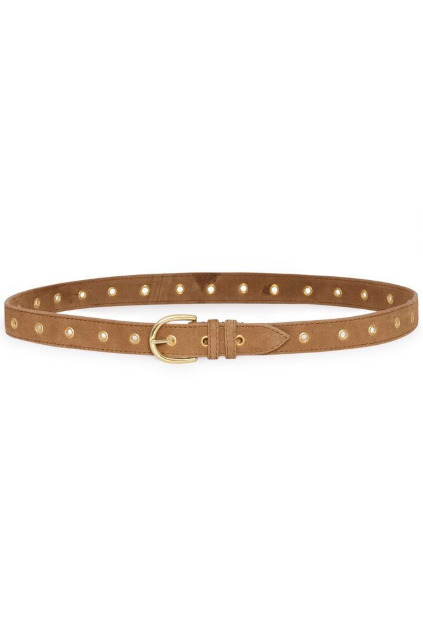 Suede leather belt by Part Two in toasted coconut with metal stud detailing. Easy to style with jeans or dresses. Shop now at Dotique.