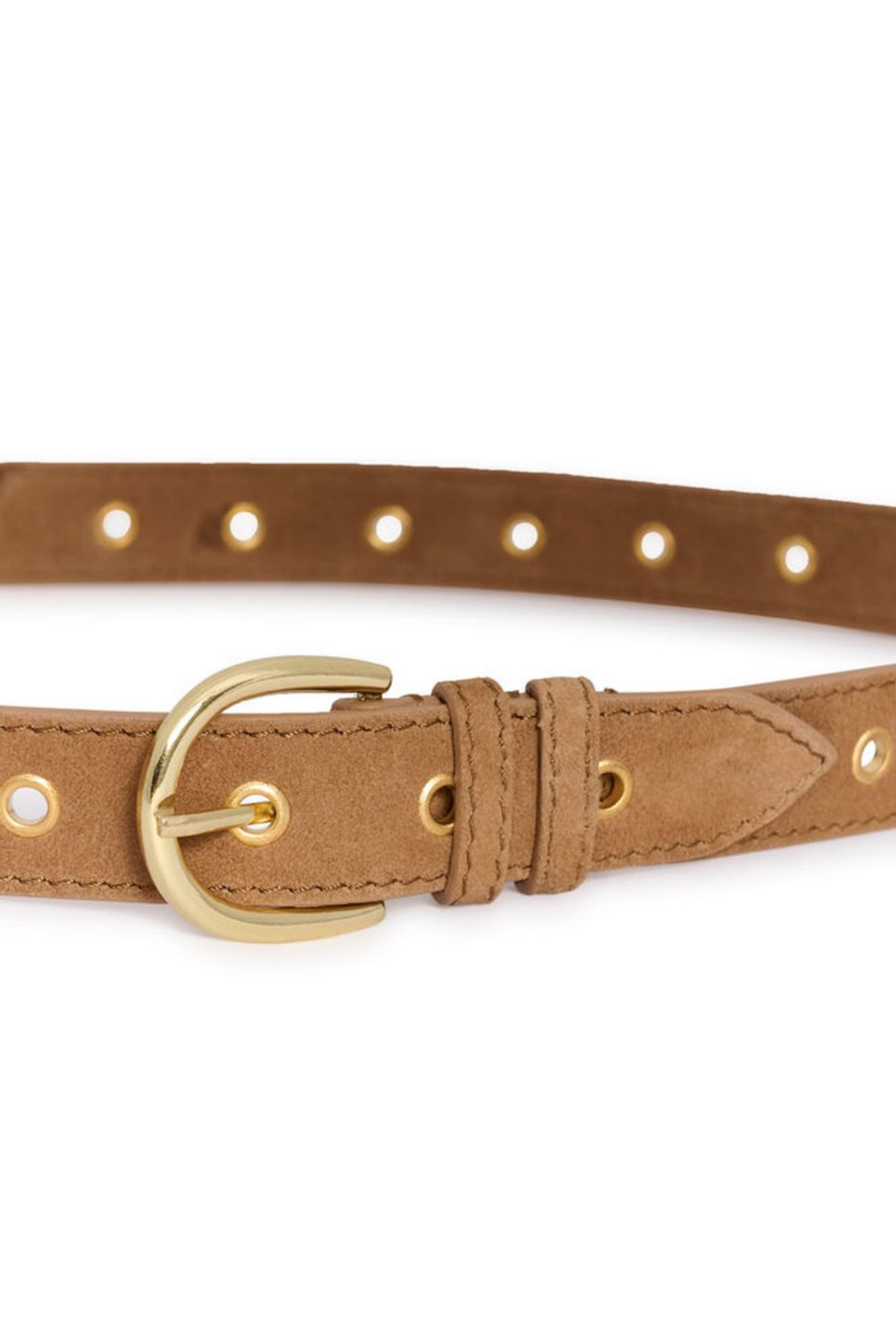 Suede leather belt by Part Two in toasted coconut with metal stud detailing. Easy to style with jeans or dresses. Shop now at Dotique.