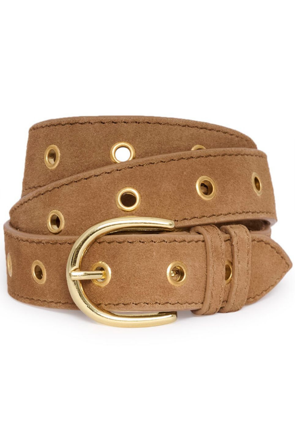 Suede leather belt by Part Two in toasted coconut with metal stud detailing. Easy to style with jeans or dresses. Shop now at Dotique.