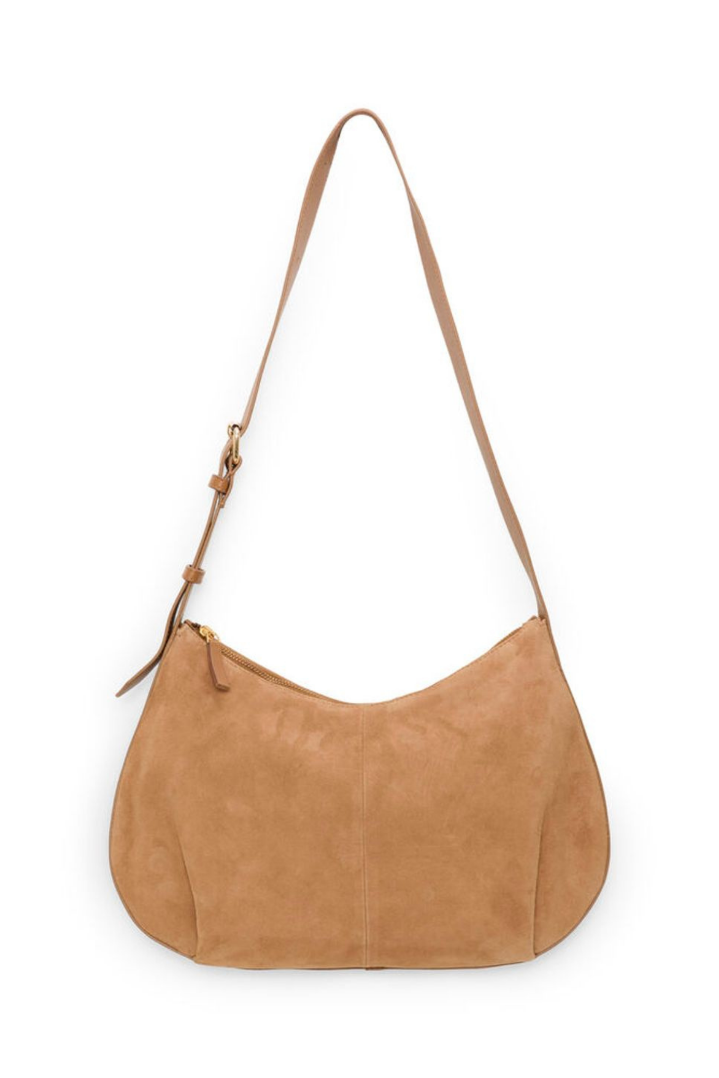 Soft suede shoulder bag by Part Two in toasted coconut with adjustable strap and zip closure. A timeless everyday bag. Shop at Dotique.