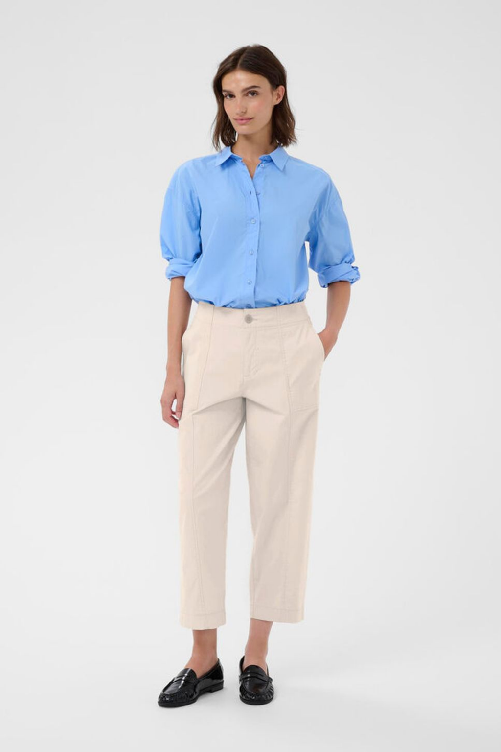 Relaxed cotton trousers by Part Two in wind chime with cropped length and loose fit. Easy everyday style. Shop at Dotique.