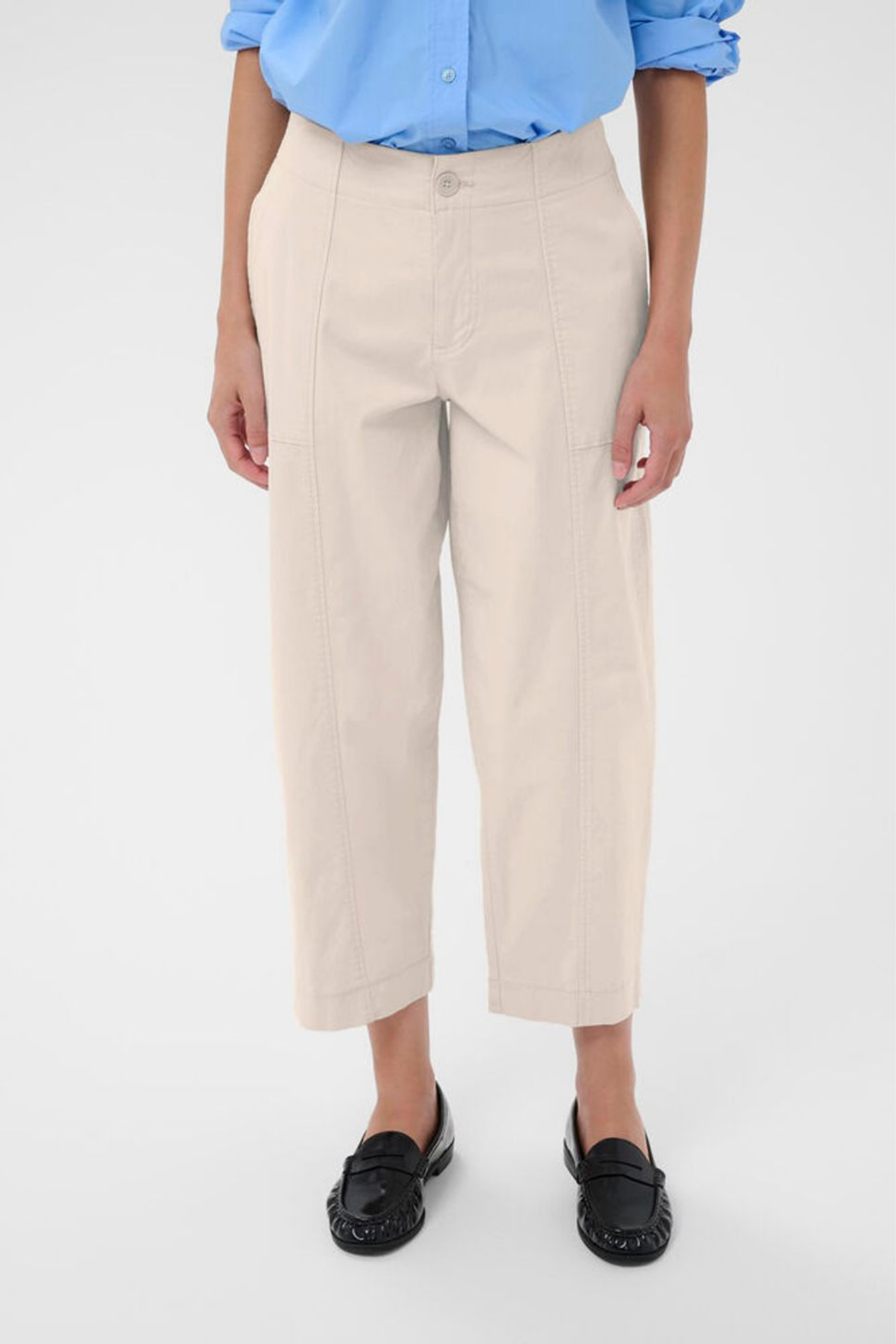 Relaxed cotton trousers by Part Two in wind chime with cropped length and loose fit. Easy everyday style. Shop at Dotique.