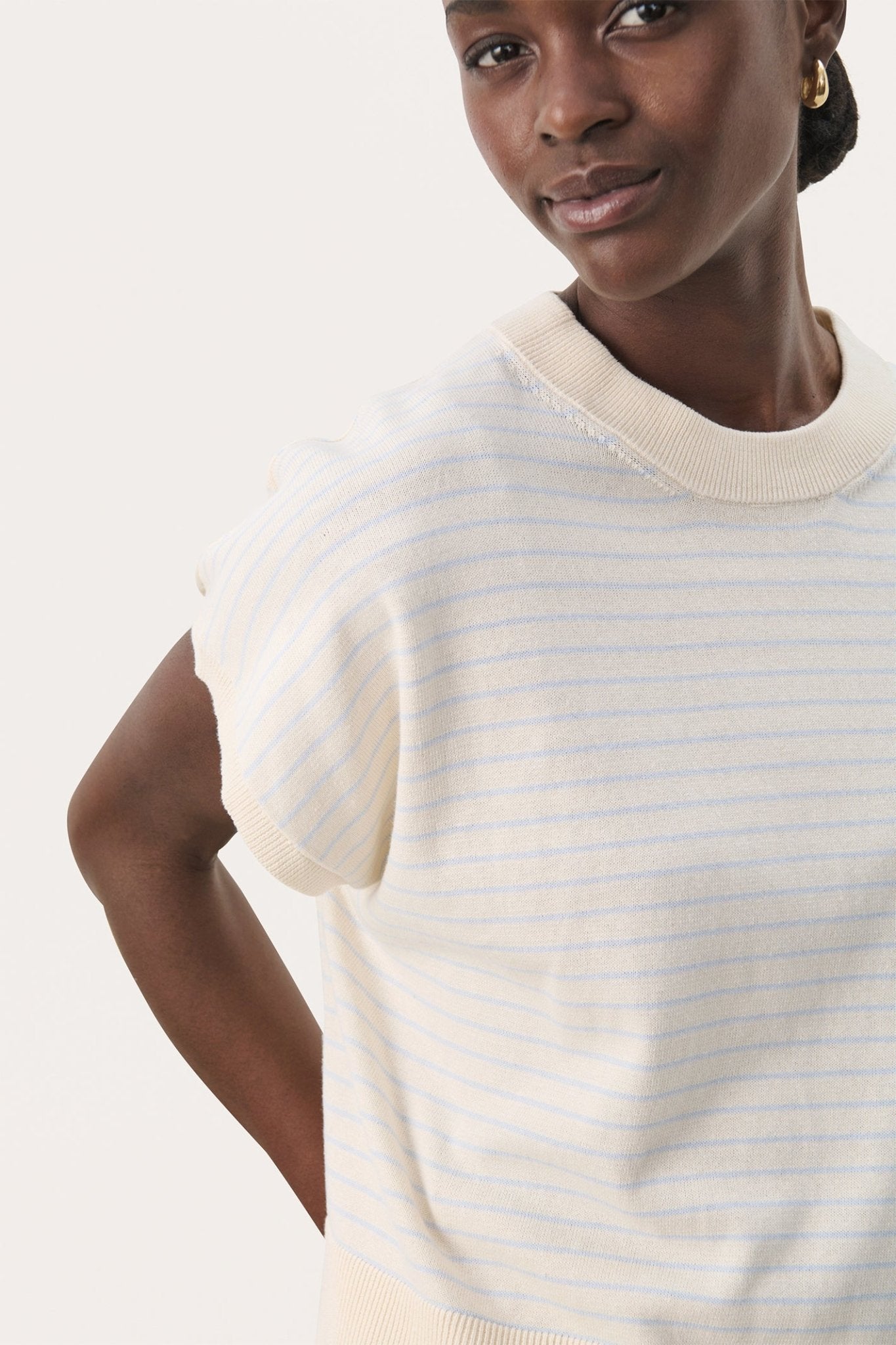 Part Two 30309534 NatayaPW Cap Sleeve Fine Knit T-Shirt Blue Whitecap Gray Stripe - Dotique