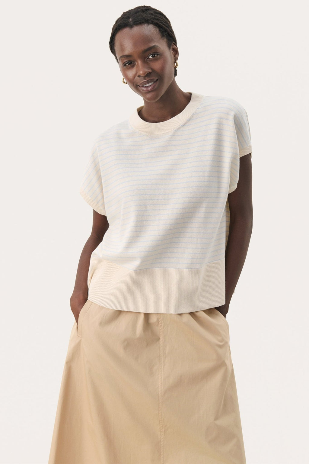 Part Two 30309534 NatayaPW Cap Sleeve Fine Knit T-Shirt Blue Whitecap Gray Stripe - Dotique