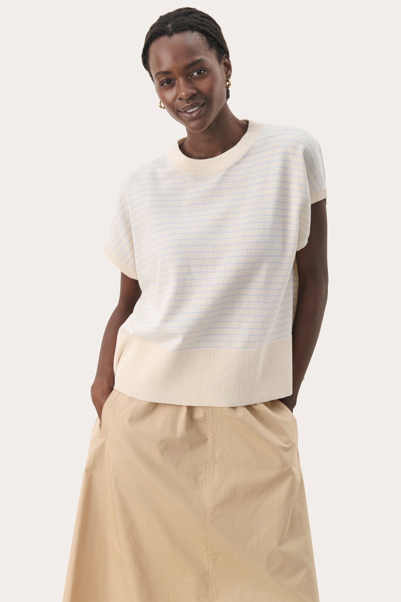 Part Two 30309534 NatayaPW Cap Sleeve Fine Knit T-Shirt Blue Whitecap Gray Stripe - Dotique
