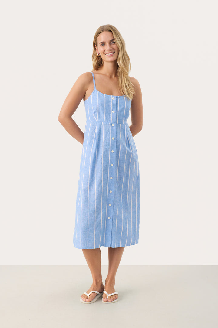 Part Two 30309615 ReysaPW Blue Linen Dress with White Stripes at Dotique 