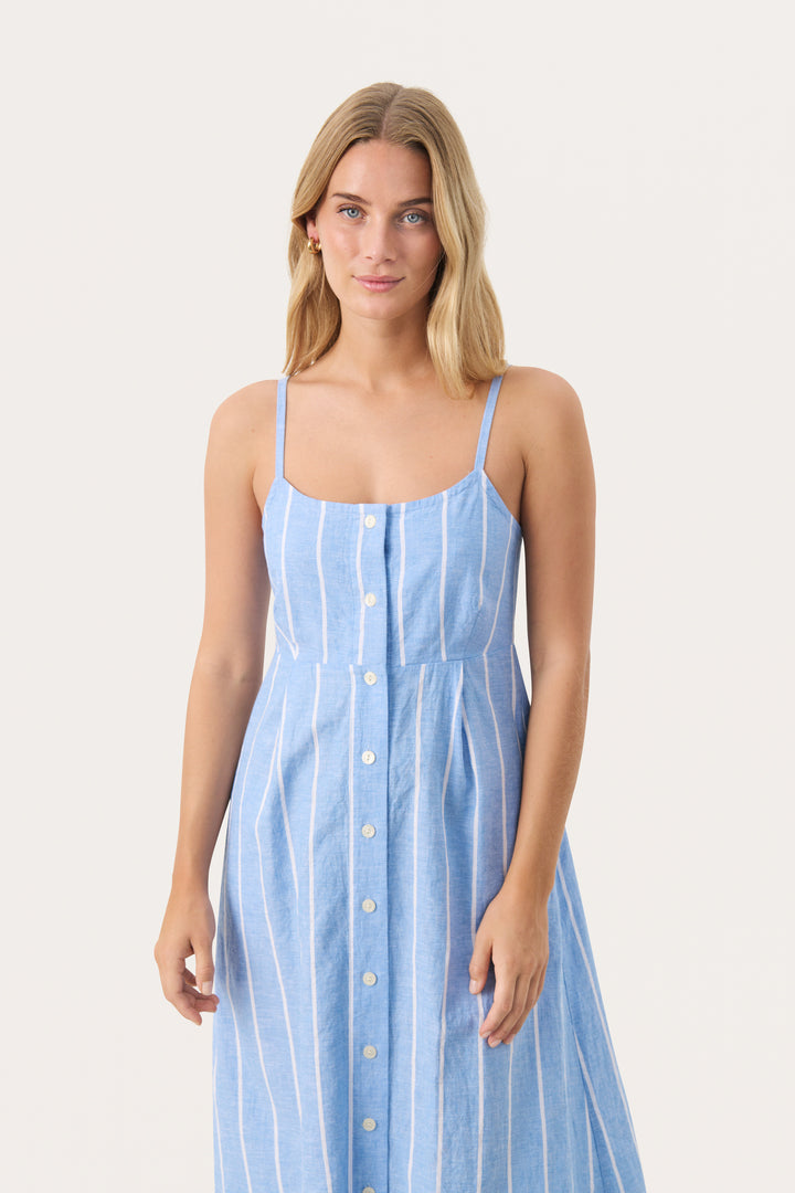 Part Two 30309615 ReysaPW Blue Linen Dress with White Stripes at Dotique 