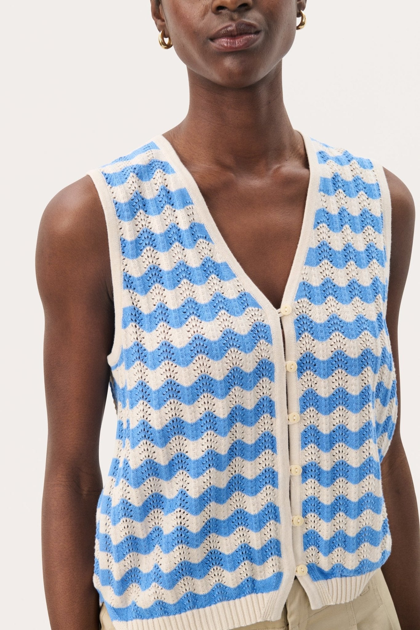 Part Two 30309680 RosellaPW Cotton Knitted Sleeveless Cardigan - Blue Striped - Dotique