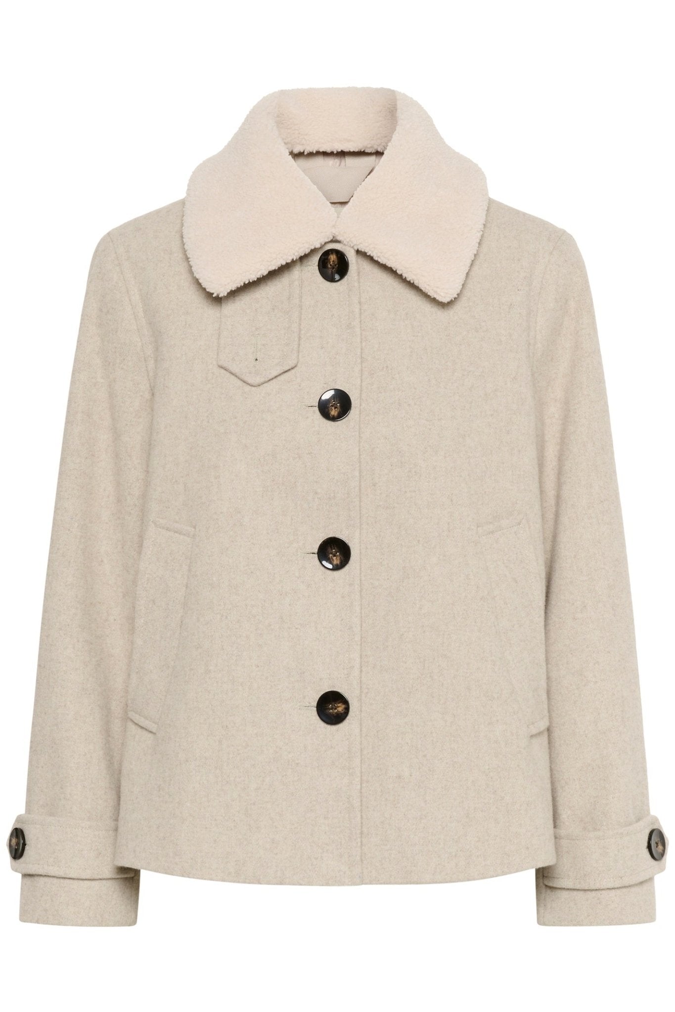 Part Two SylviaPW OTW Jacket in pure cashmere melange at Dotique – wool blend short jacket with teddy collar and buttons.

