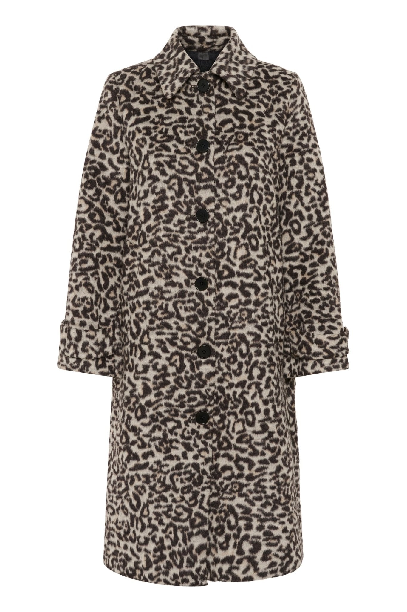 Part Two SuzyPW OTW Coat in Leopard – recycled wool blend animal print long coat with buttons and pockets available at Dotique

