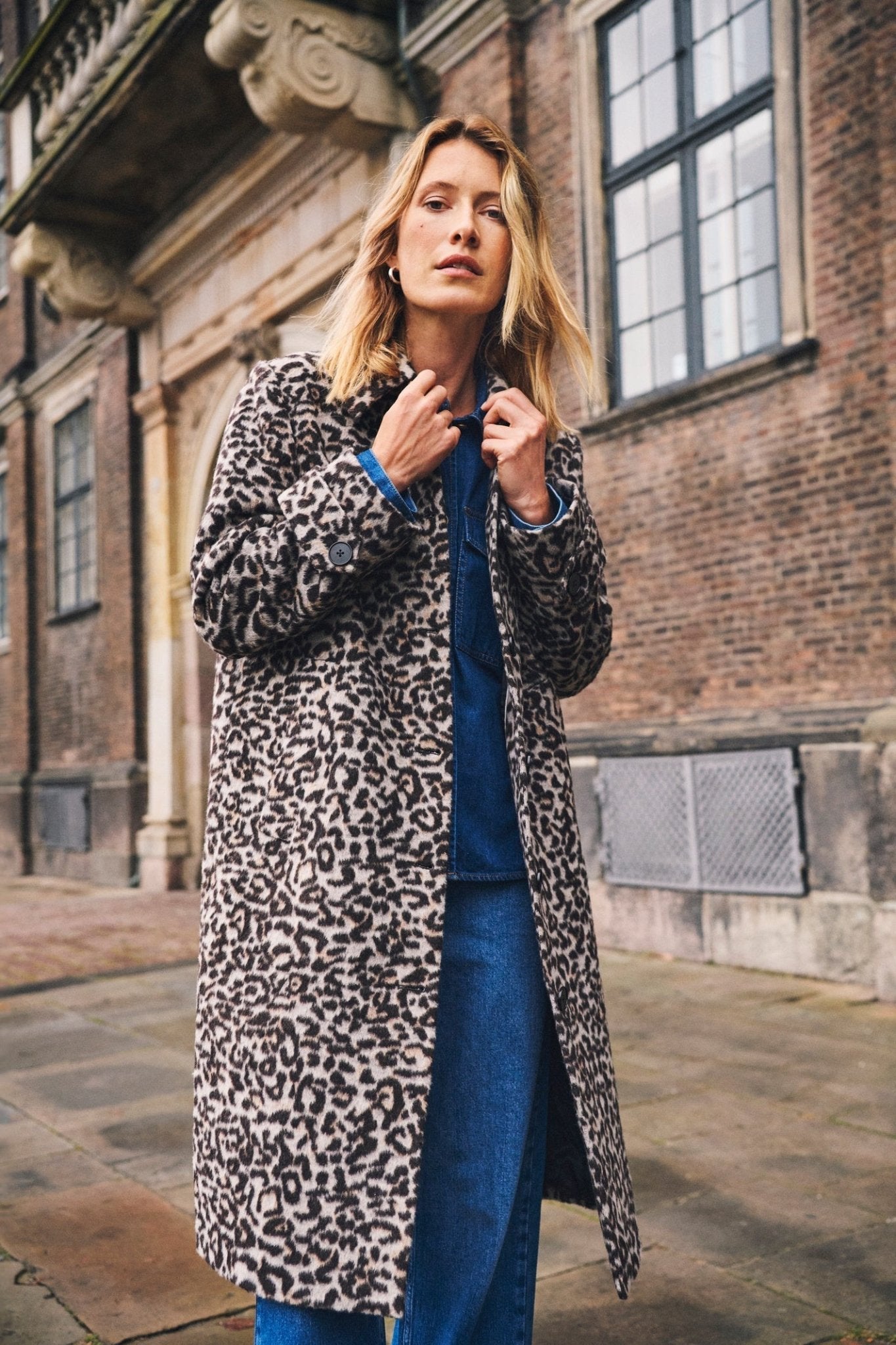Part Two SuzyPW OTW Coat in Leopard – recycled wool blend animal print long coat with buttons and pockets available at Dotique
