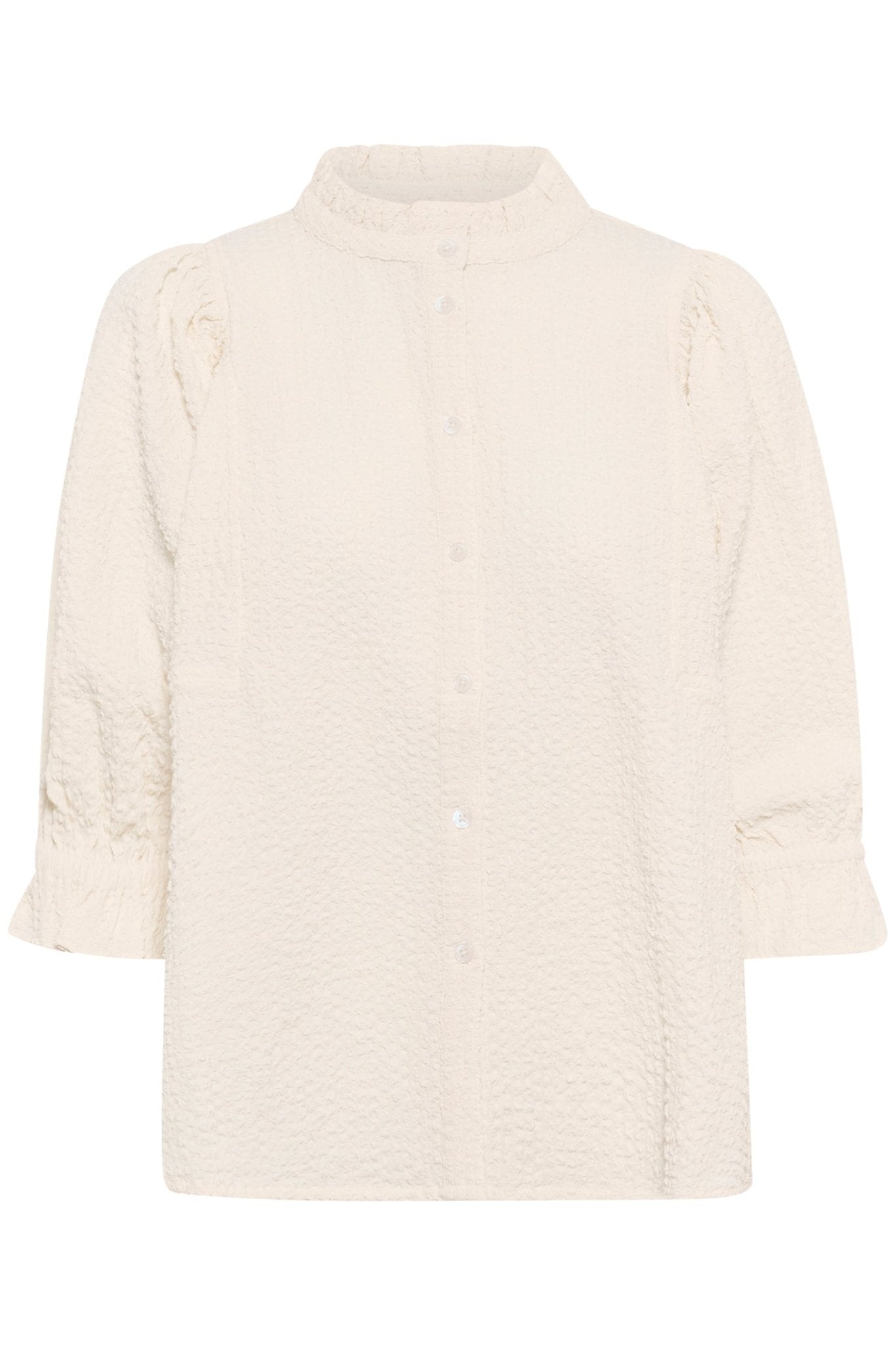 Part Two ToniPW white textured blouse with 3/4 sleeves and notch neckline, available at Dotique