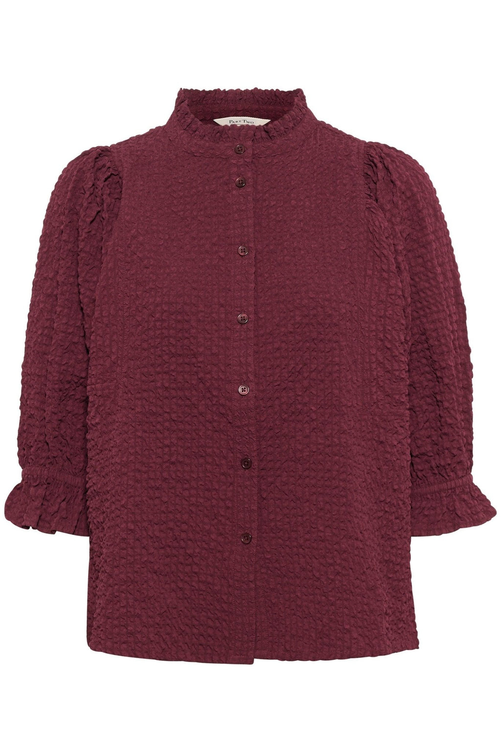 Part Two ToniPW blouse in tawny port with textured fabric and 3/4 sleeves, available at Dotique