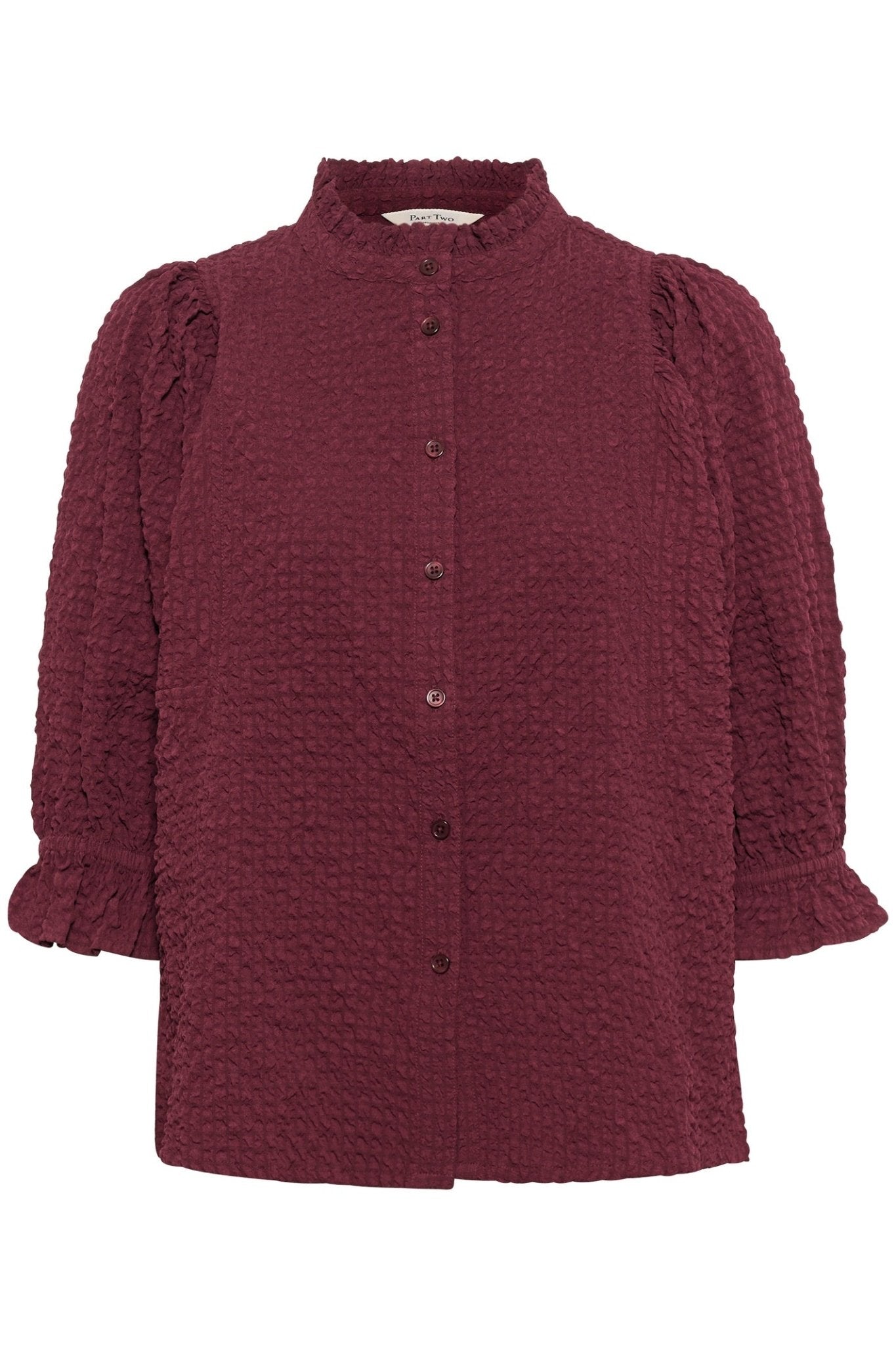 Part Two ToniPW blouse in tawny port with textured fabric and 3/4 sleeves, available at Dotique
