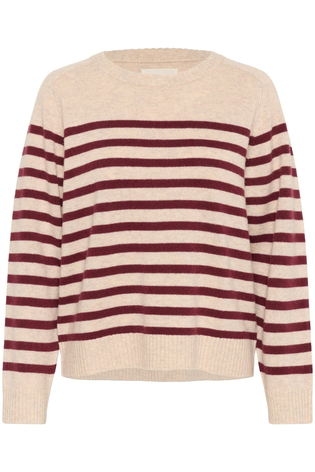 Part Two NiakaPW PU Jumper in Tawny Port Stripe – cream and burgundy striped wool blend knit jumper available at Dotique
