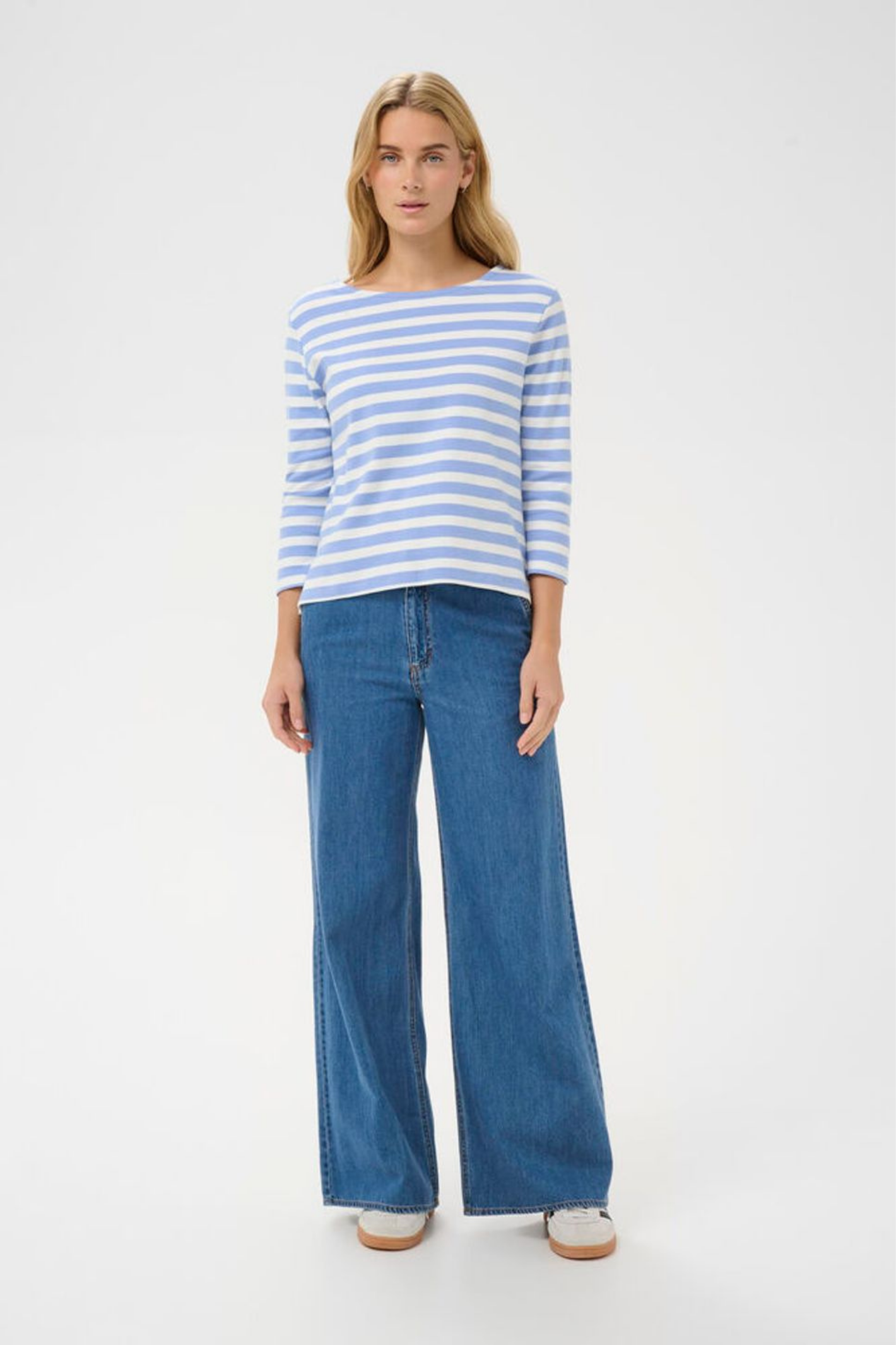 Woman wearing Part Two 30309864 NelaPW Hydrangea Stripe T-shirt by Part Two, shop Part Two at Dotique.