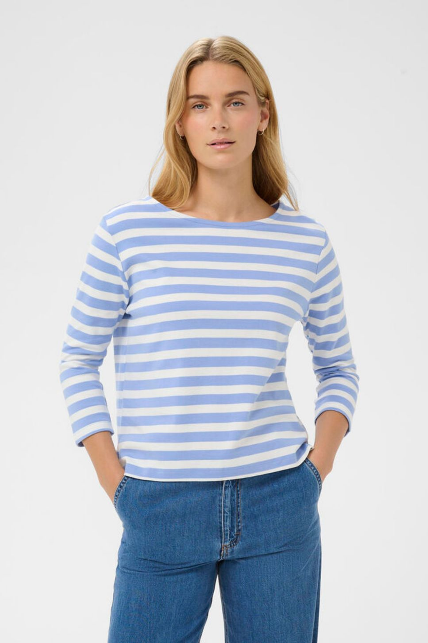 Woman wearing Part Two 30309864 NelaPW Hydrangea Stripe T-shirt by Part Two, shop Part Two at Dotique.