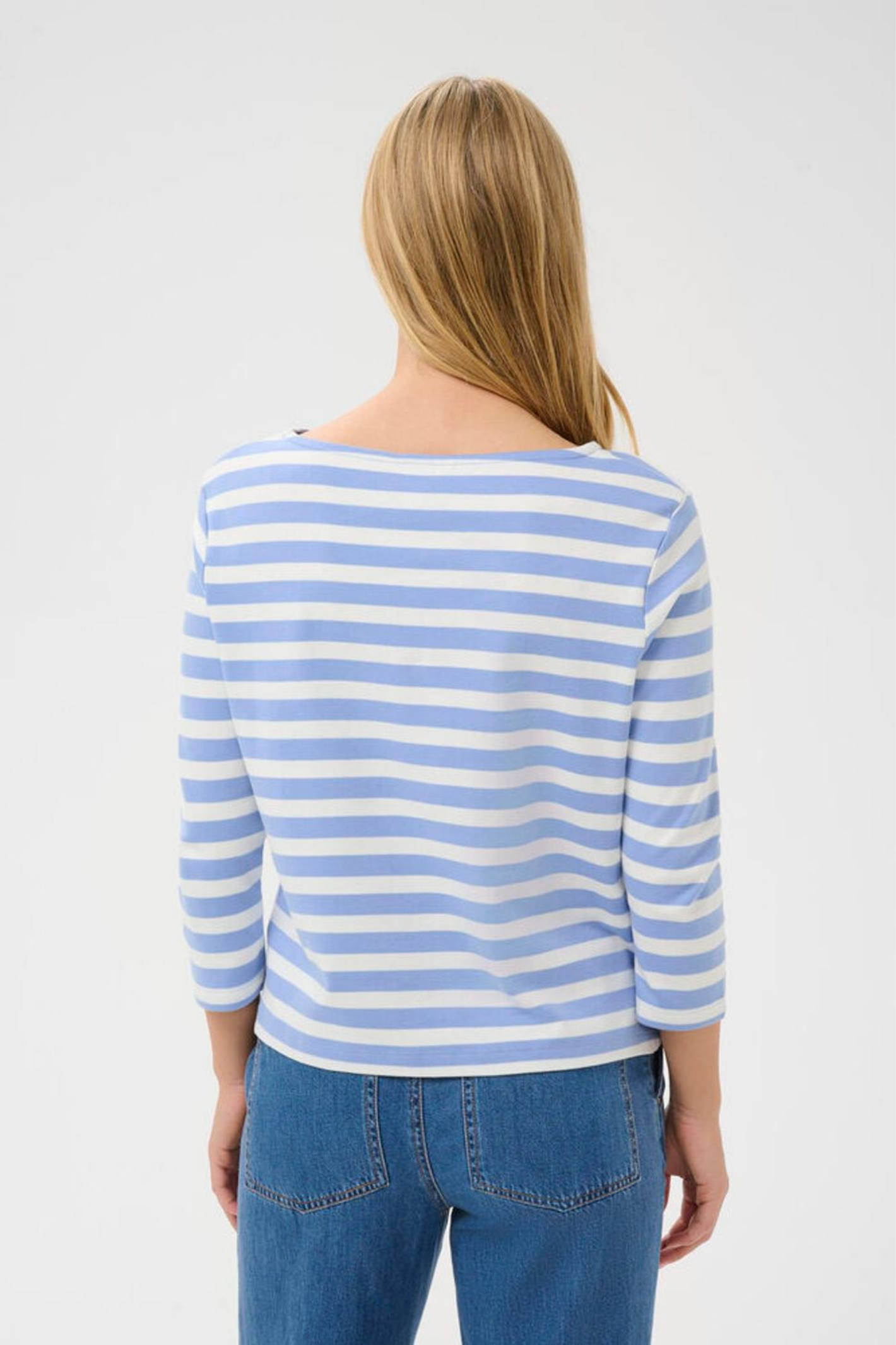 Woman wearing Part Two 30309864 NelaPW Hydrangea Stripe T-shirt by Part Two, shop Part Two at Dotique.