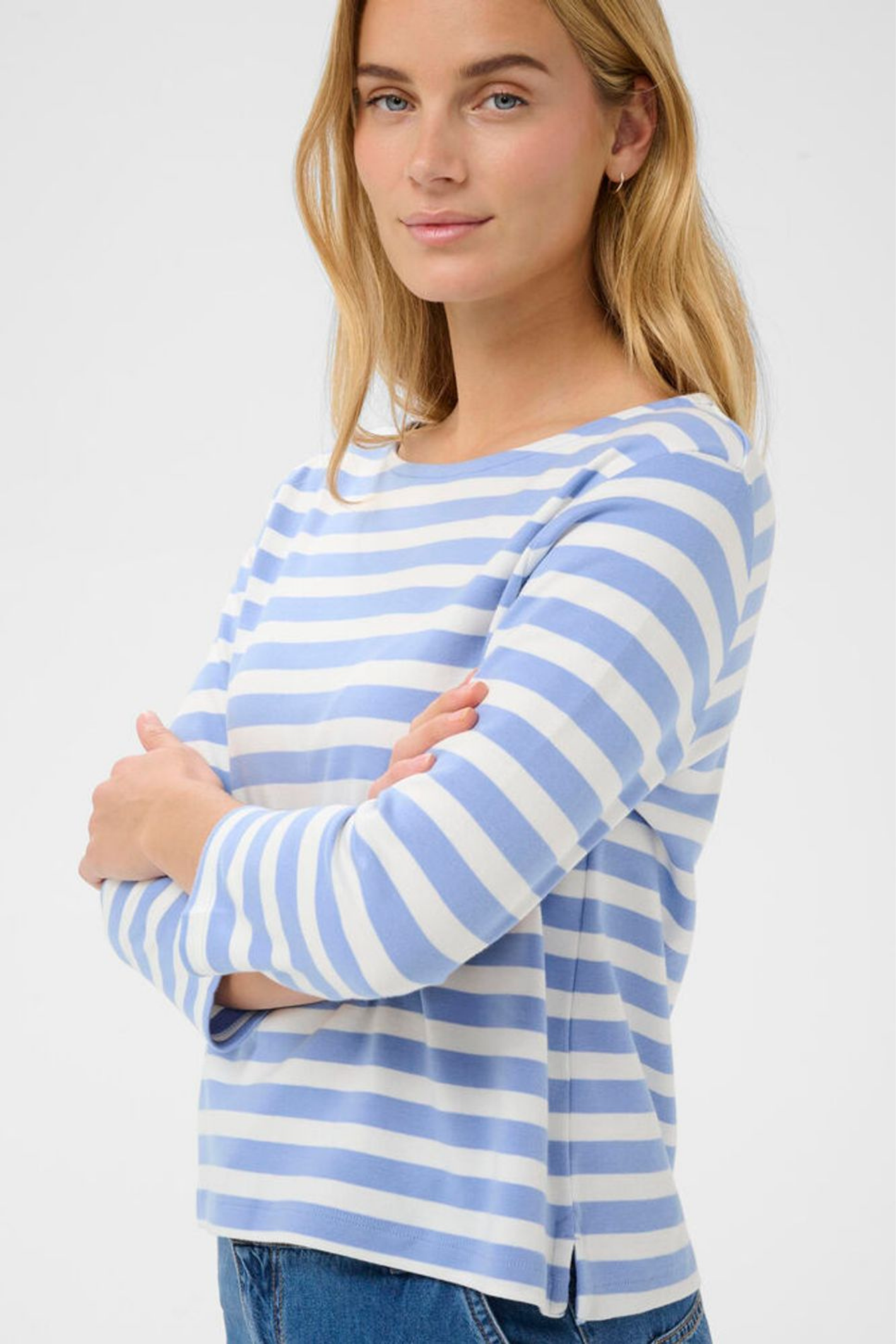 Woman wearing a blue and white striped Part Two 30309864 NelaPW Hydrangea Stripe T-shirt by Part Two Shop Part Two at Dotique