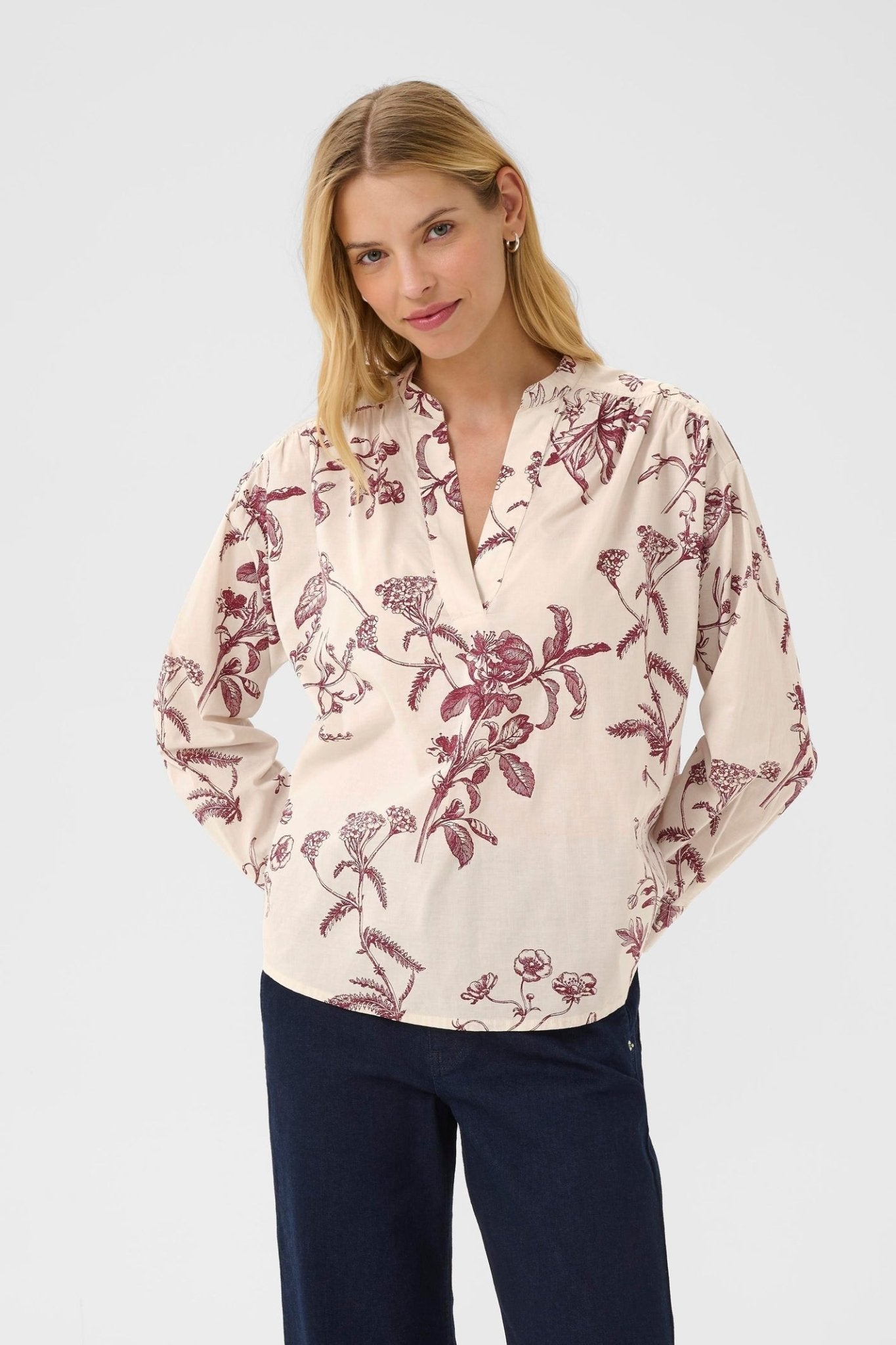Part Two NatalePW Blouse in Tawny Port Botanical Print – organic cotton v-neck blouse with long sleeves available at Dotique

