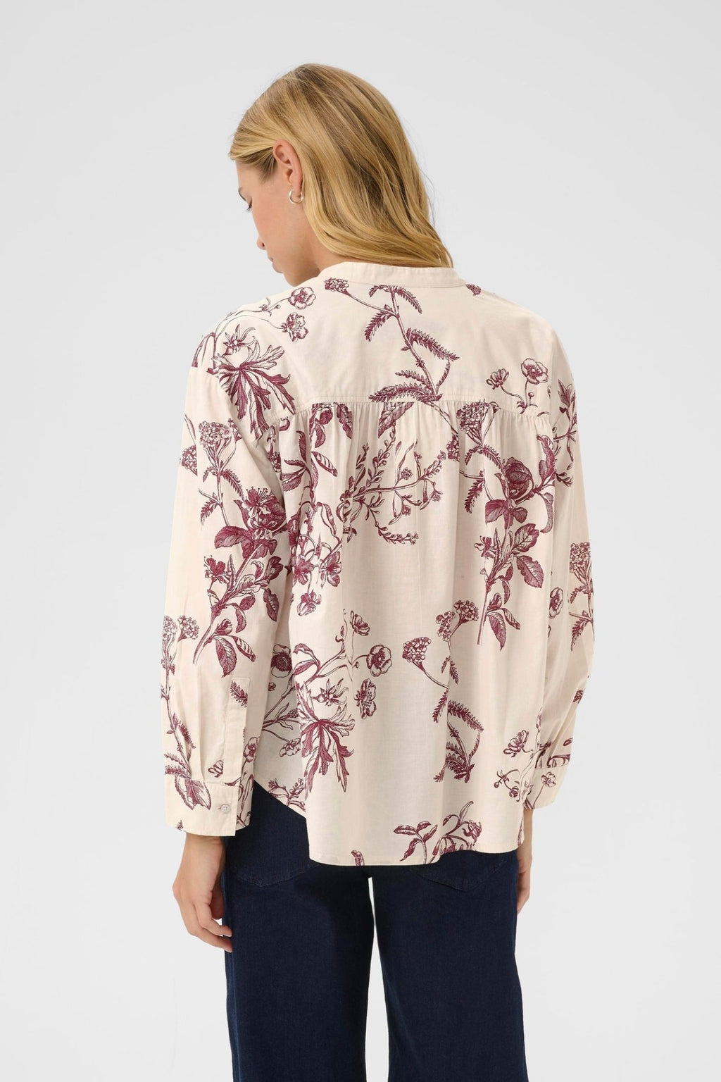 Part Two NatalePW Blouse in Tawny Port Botanical Print – organic cotton v-neck blouse with long sleeves available at Dotique
