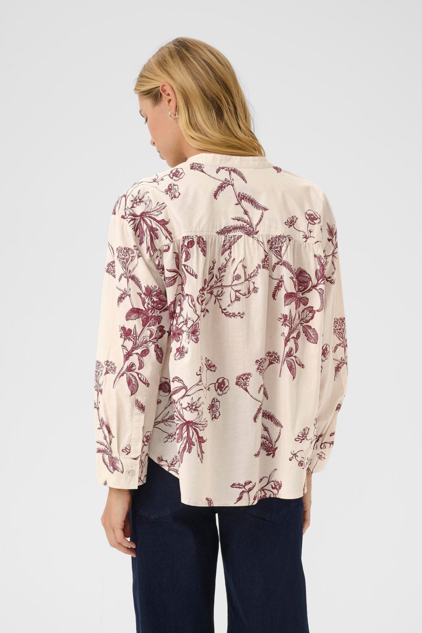 Part Two NatalePW Blouse in Tawny Port Botanical Print – organic cotton v-neck blouse with long sleeves available at Dotique
