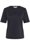 Black V-neck T-shirt by Part Two made from soft organic cotton. A timeless everyday staple that pairs perfectly with jeans or tailoring. Shop at Dotique.