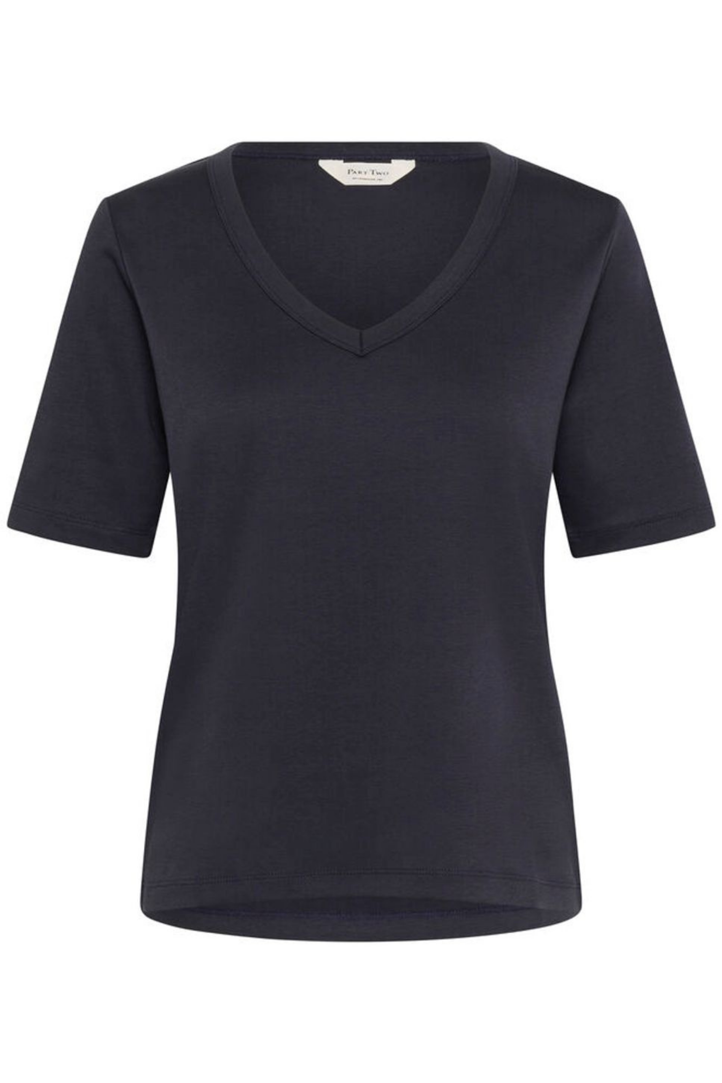 Black V-neck T-shirt by Part Two made from soft organic cotton. A timeless everyday staple that pairs perfectly with jeans or tailoring. Shop at Dotique.
