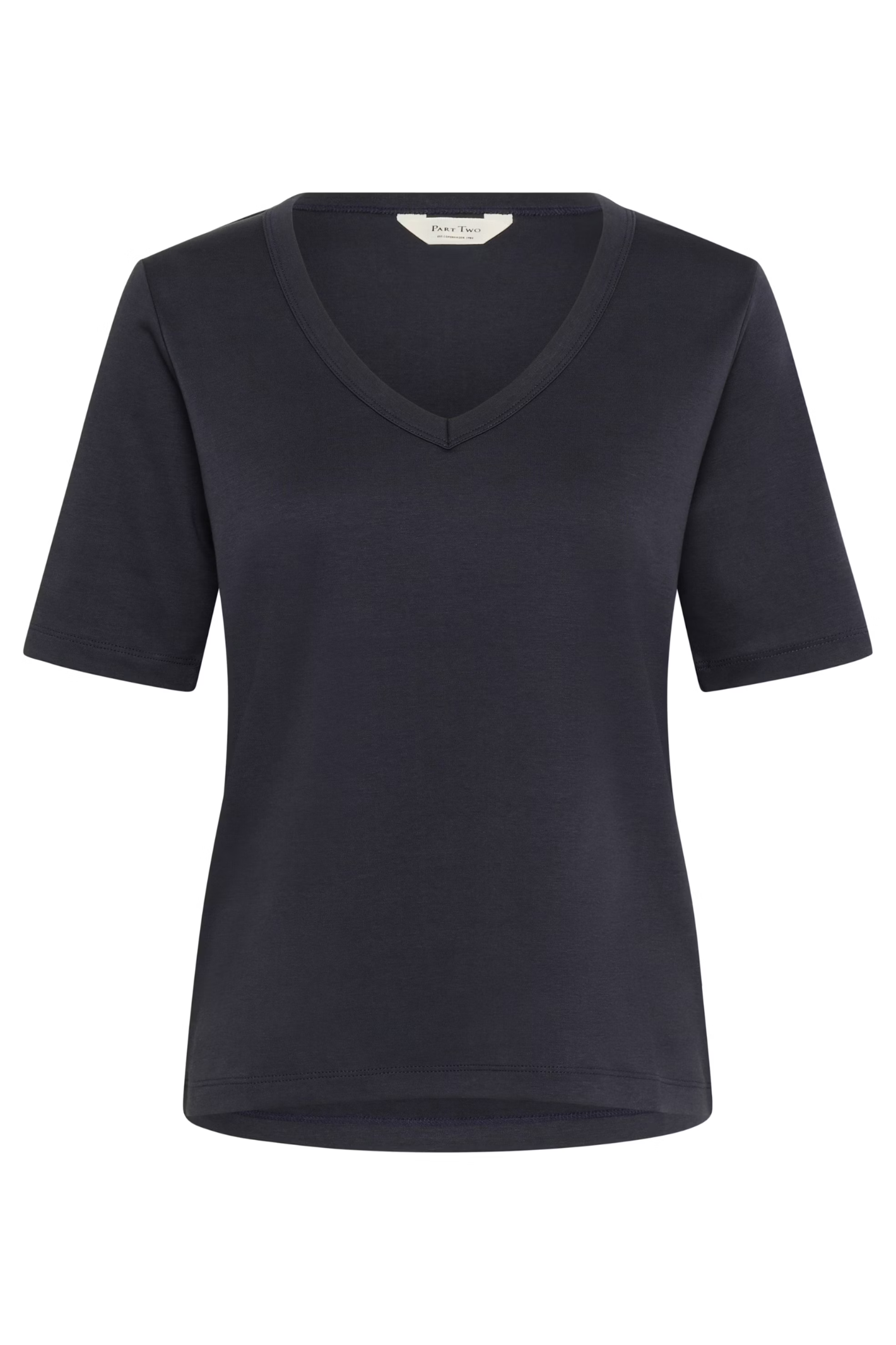 Soft organic cotton V-neck T-shirt by Part Two in Dark Navy. A timeless wardrobe staple with a classic fit, perfect for everyday wear. Shop Dotique.