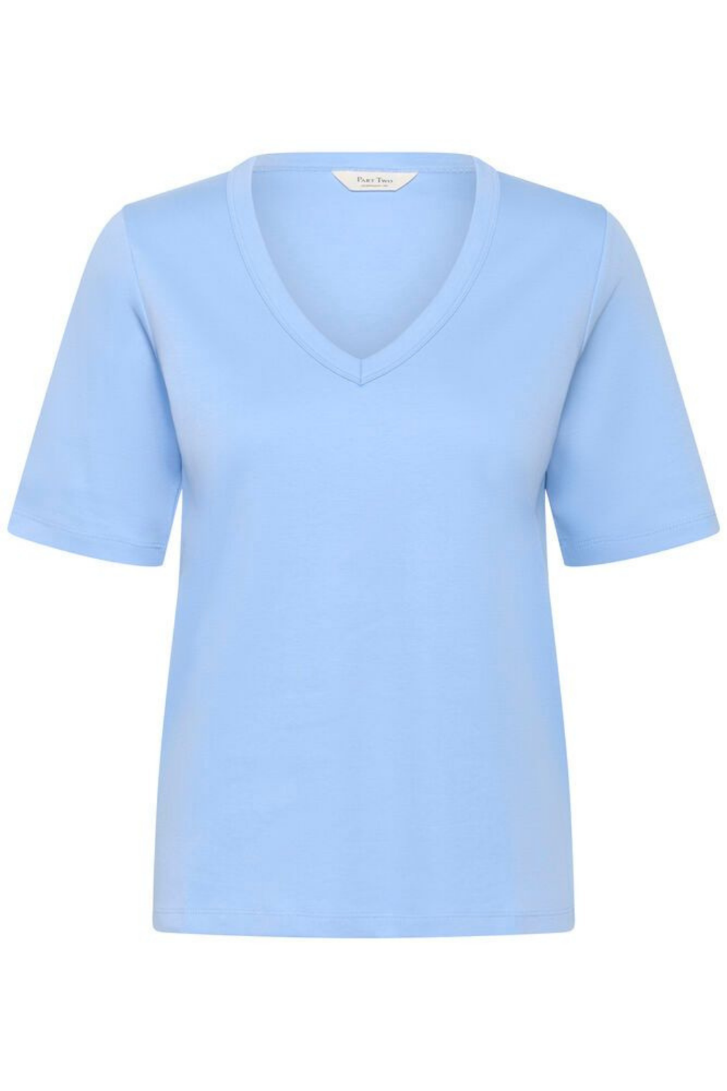 Hydrangea blue V-neck T-shirt by Part Two, made from soft organic cotton. A timeless everyday staple to wear season after season. Shop at Dotique.