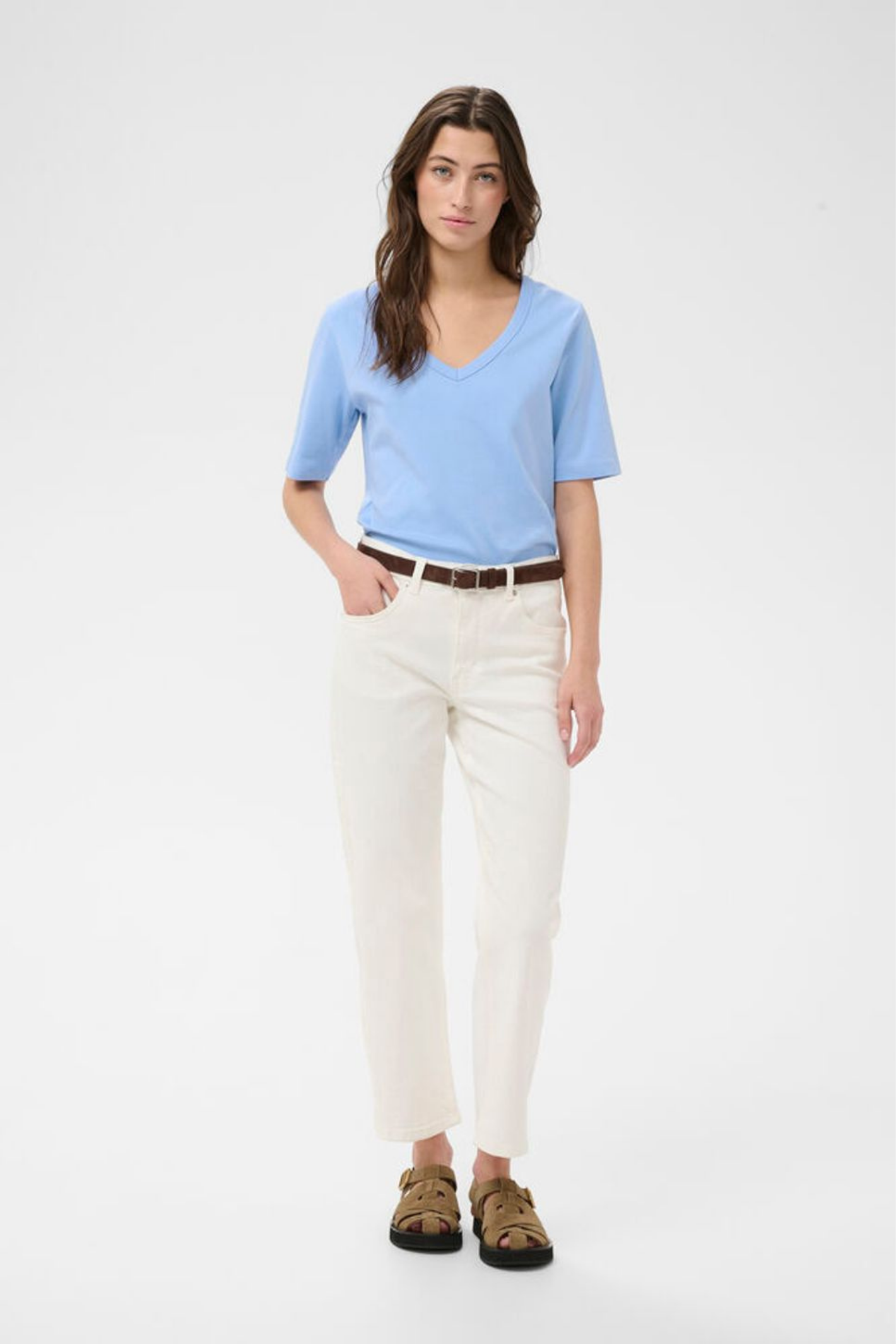 Hydrangea blue V-neck T-shirt by Part Two, made from soft organic cotton. A timeless everyday staple to wear season after season. Shop at Dotique.