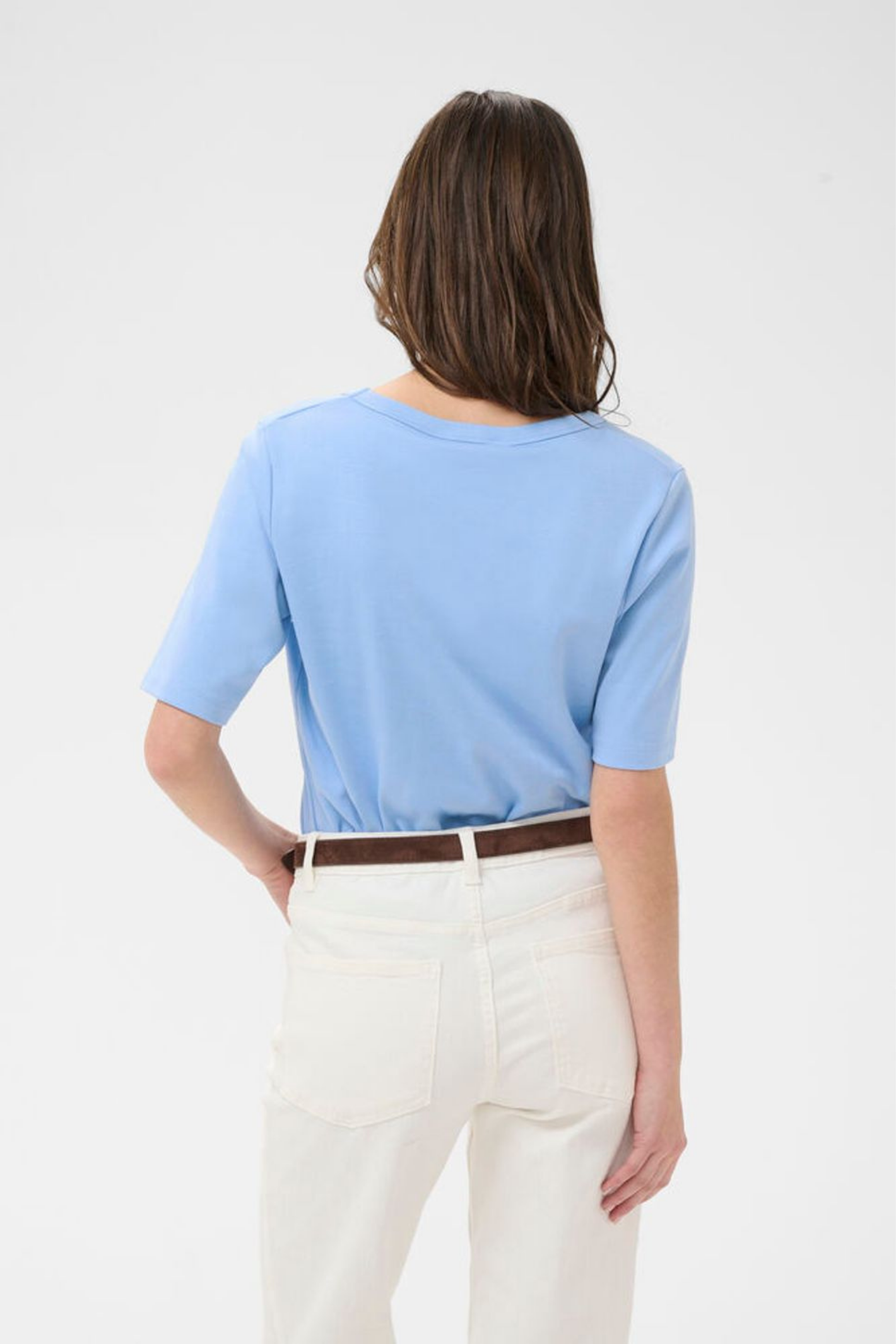 Hydrangea blue V-neck T-shirt by Part Two, made from soft organic cotton. A timeless everyday staple to wear season after season. Shop at Dotique.