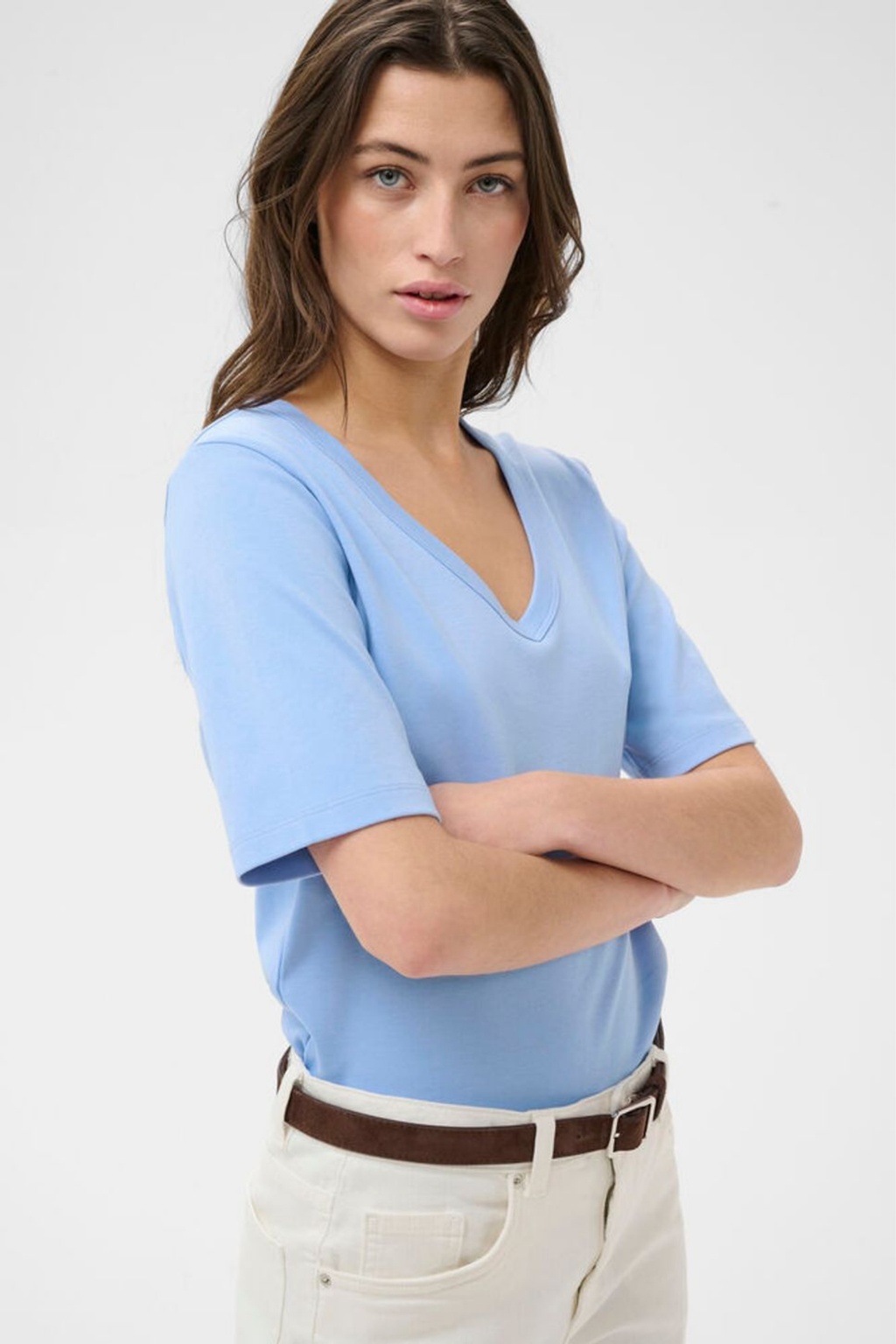 Hydrangea blue V-neck T-shirt by Part Two, made from soft organic cotton. A timeless everyday staple to wear season after season. Shop at Dotique.