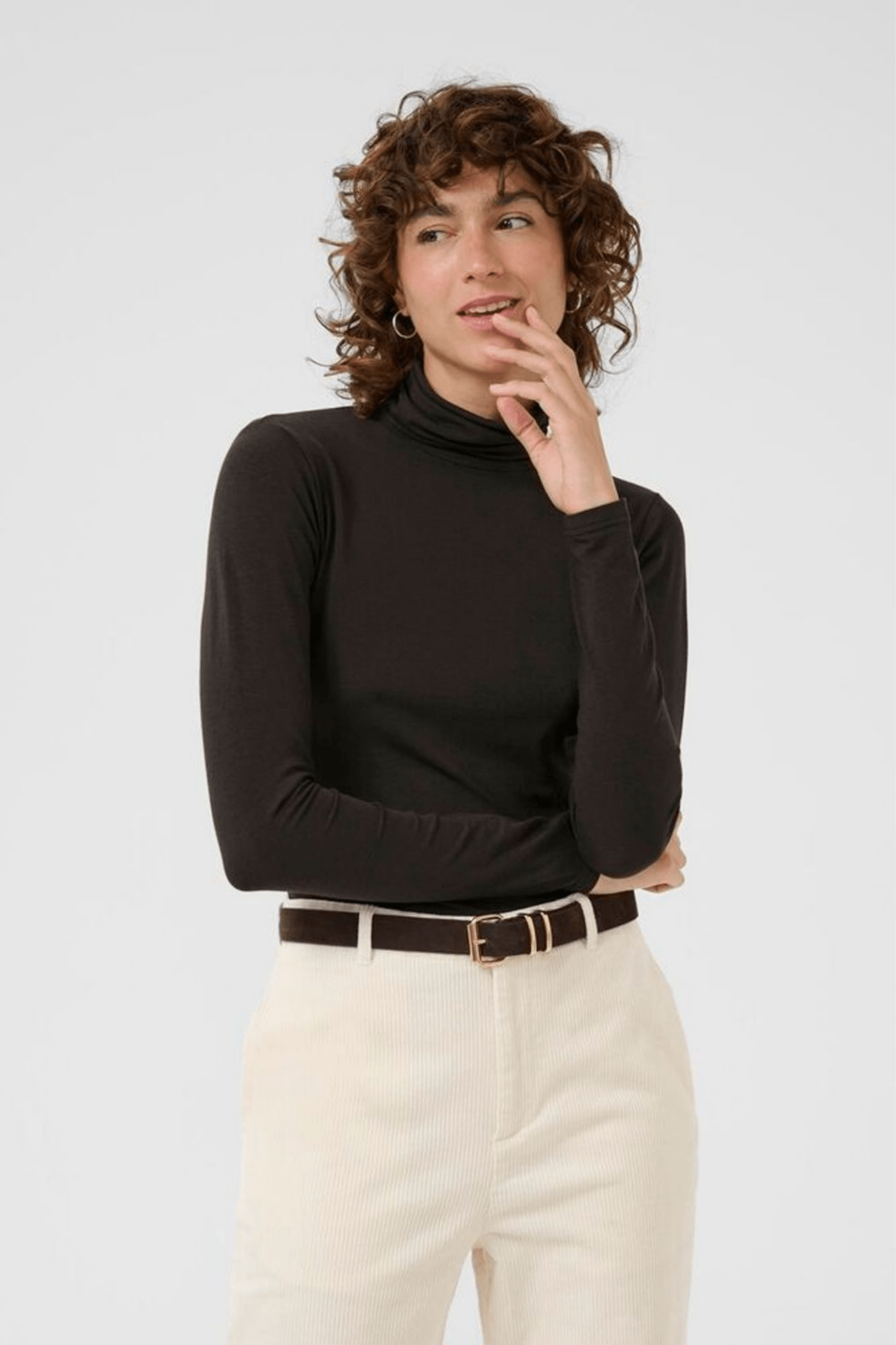 Part Two EfinasPW ganache brown turtleneck top with long sleeves, available at Dotique