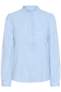 Light blue ruffle detail shirt by Part Two, made from 100% organic cotton. A feminine, easy-to-wear style for everyday or dressed-up looks. Shop Dotique.