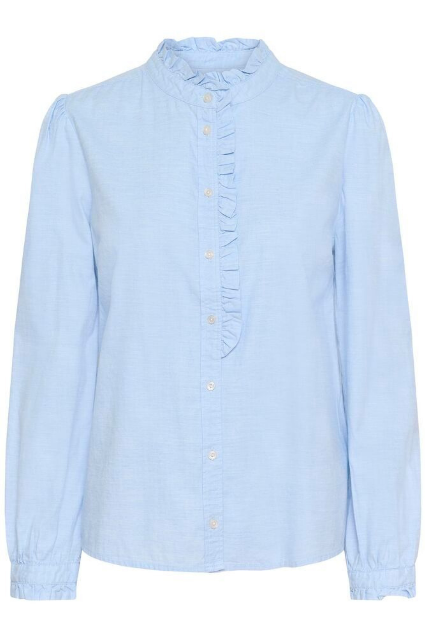 Light blue ruffle detail shirt by Part Two, made from 100% organic cotton. A feminine, easy-to-wear style for everyday or dressed-up looks. Shop Dotique.