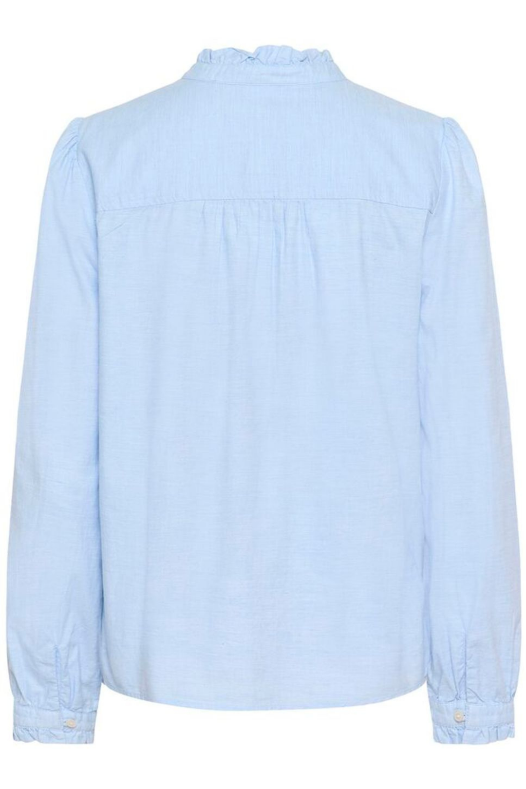 Light blue ruffle detail shirt by Part Two, made from 100% organic cotton. A feminine, easy-to-wear style for everyday or dressed-up looks. Shop Dotique.