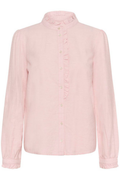 Soft rose chambray shirt by Part Two with delicate ruffle detailing. Made from 100% organic cotton and easy to style for everyday wear. Shop Dotique.