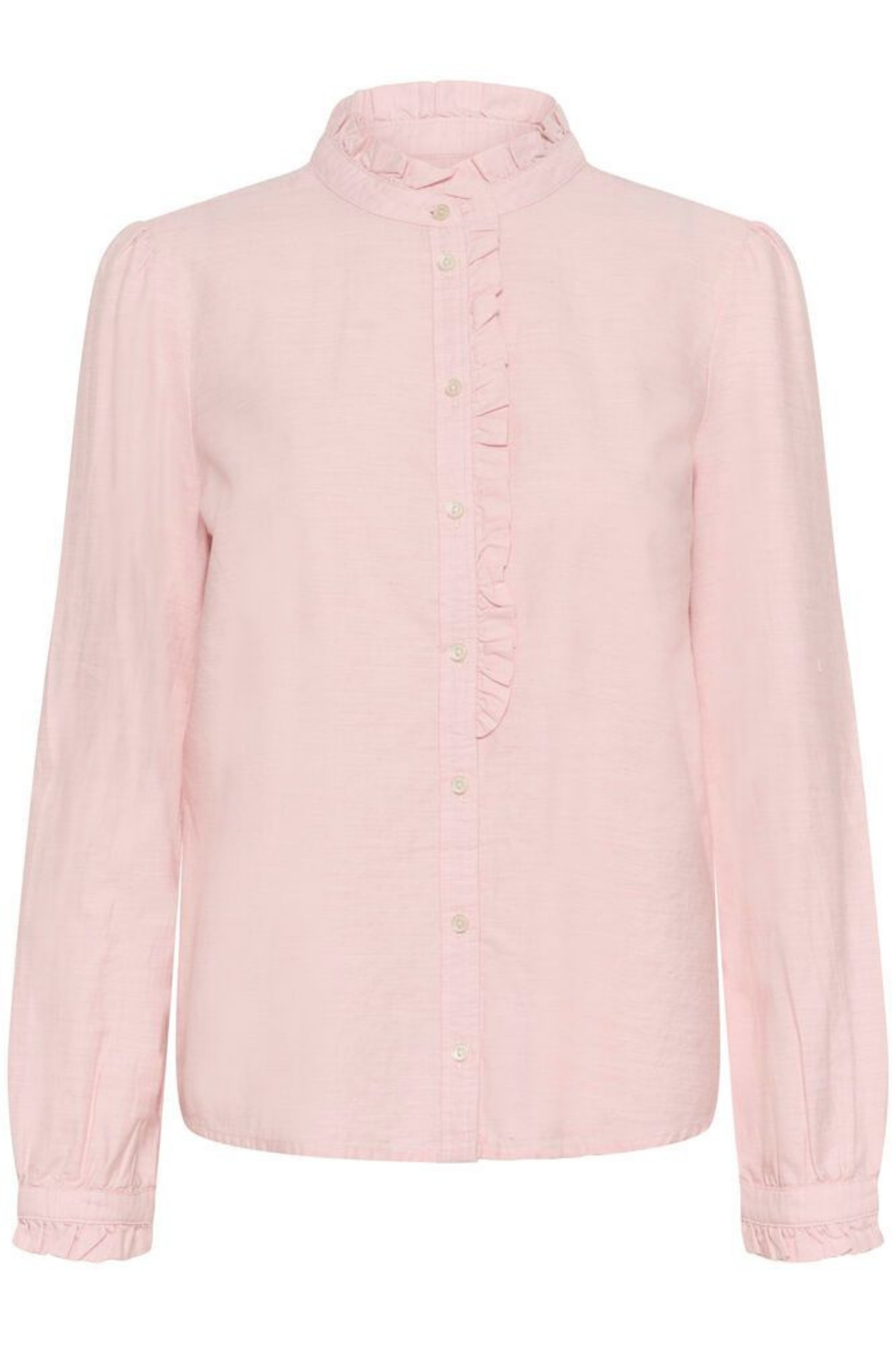 Soft rose chambray shirt by Part Two with delicate ruffle detailing. Made from 100% organic cotton and easy to style for everyday wear. Shop Dotique.