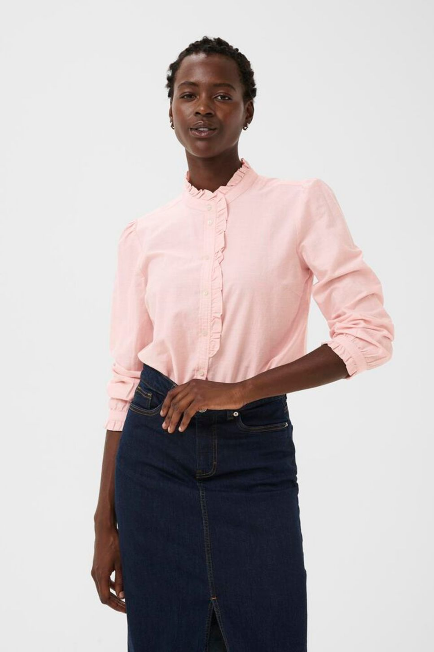 Soft rose chambray shirt by Part Two with delicate ruffle detailing. Made from 100% organic cotton and easy to style for everyday wear. Shop Dotique.