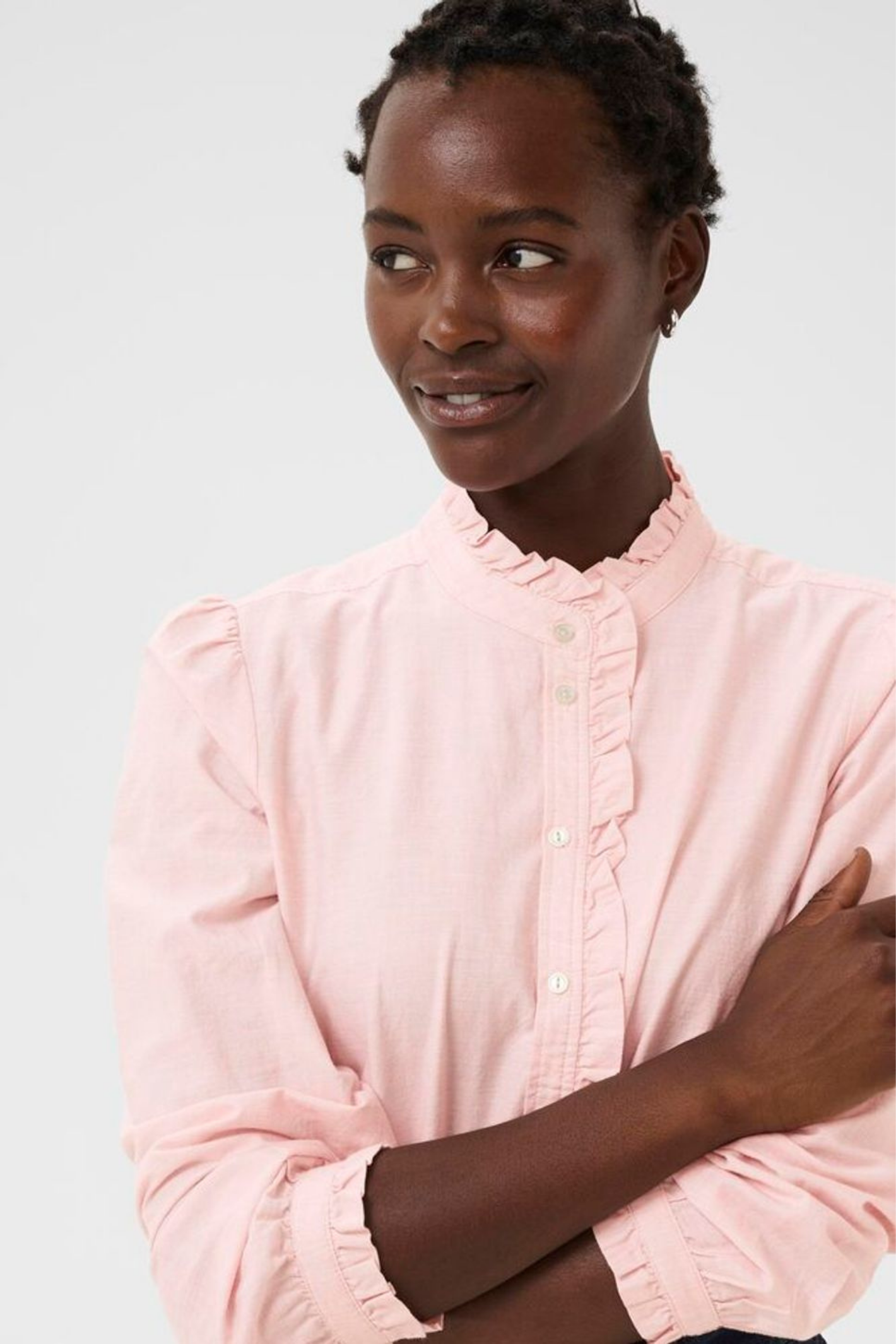 Soft rose chambray shirt by Part Two with delicate ruffle detailing. Made from 100% organic cotton and easy to style for everyday wear. Shop Dotique.