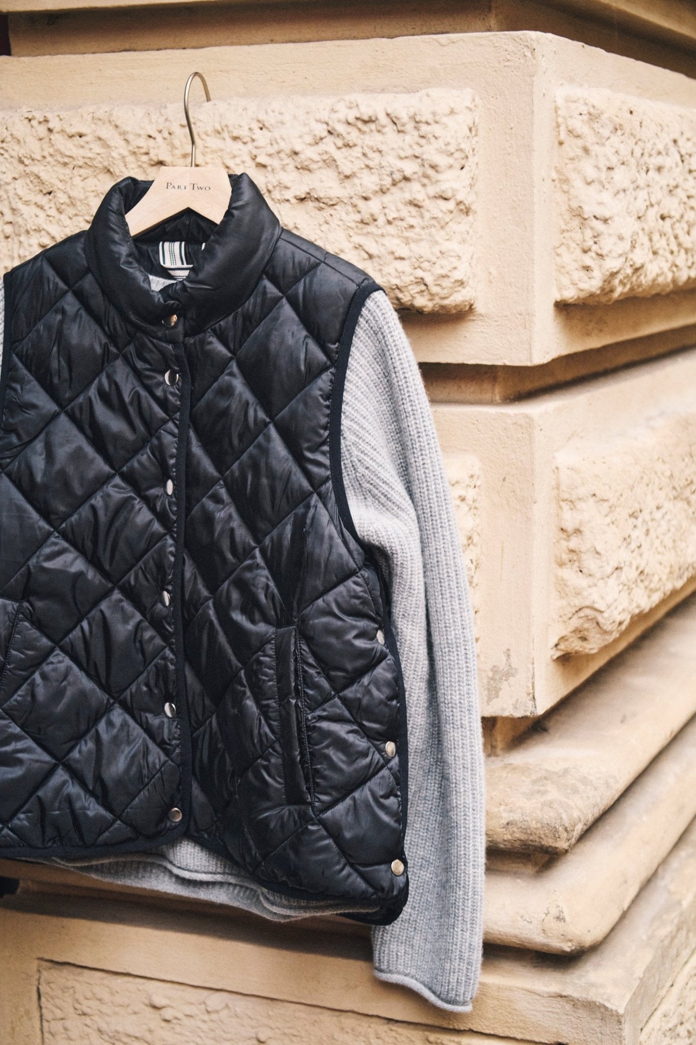 Part Two SidsePW black quilted waistcoat with diamond stitching and popper fastening – Dotique

