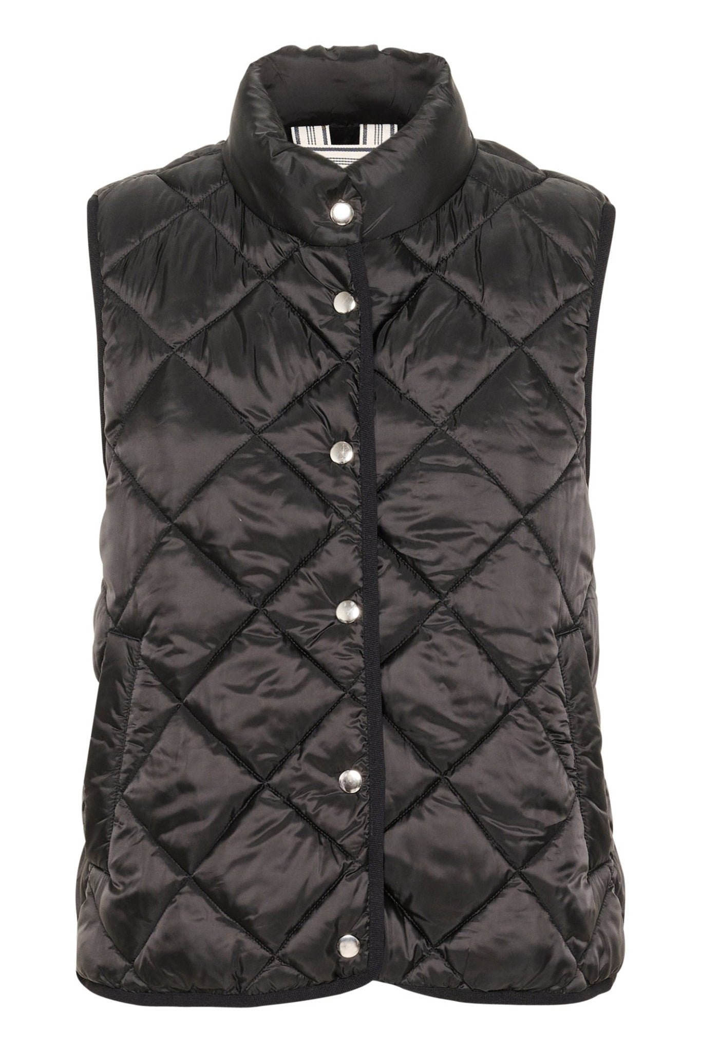 Part Two SidsePW black quilted waistcoat with diamond stitching and popper fastening – Dotique

