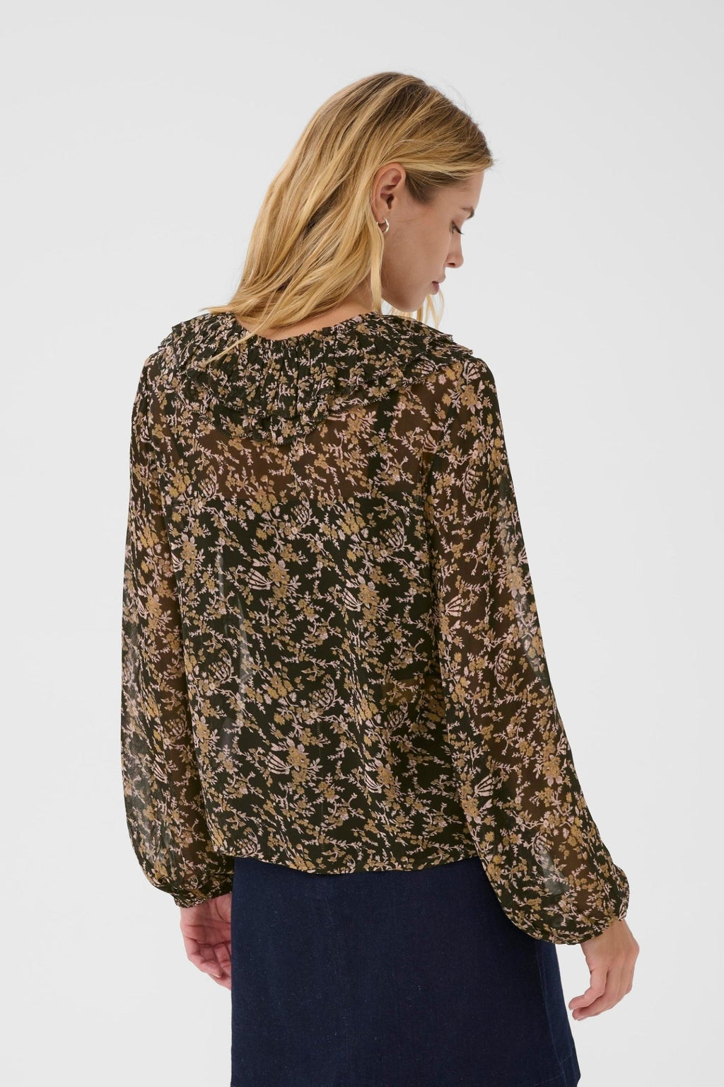 Part Two SanazPW black flower bouquet print sheer blouse with ruffle collar and buttons – Dotique

